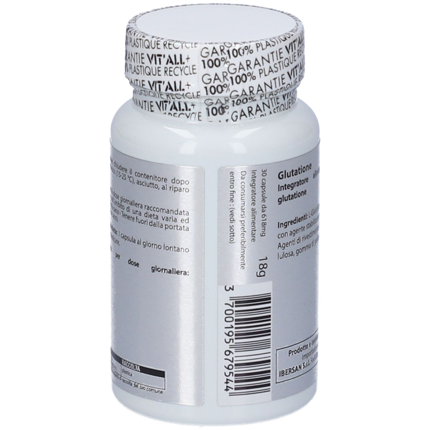 Retro flacone con codice a barre e informazioni. 30 capsule. Prodotto in Francia.
