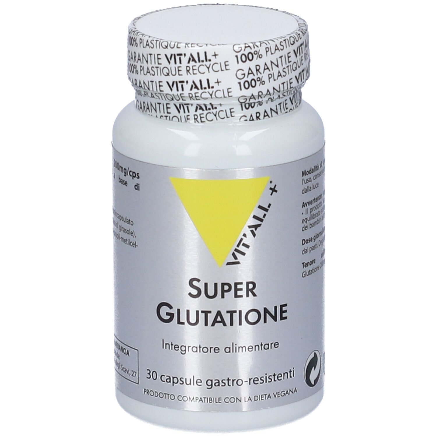 Flacone bianco con triangolo giallo. Scritta 'VIT'ALL+ Super Glutathione'. 30 capsule gastroresistenti.