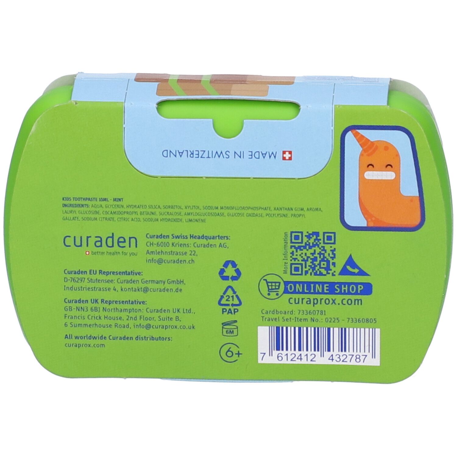 Retro dell'astuccio da viaggio. Contiene informazioni, codice QR e logo. Prodotto in Svizzera. Con personaggio dei cartoni animati.