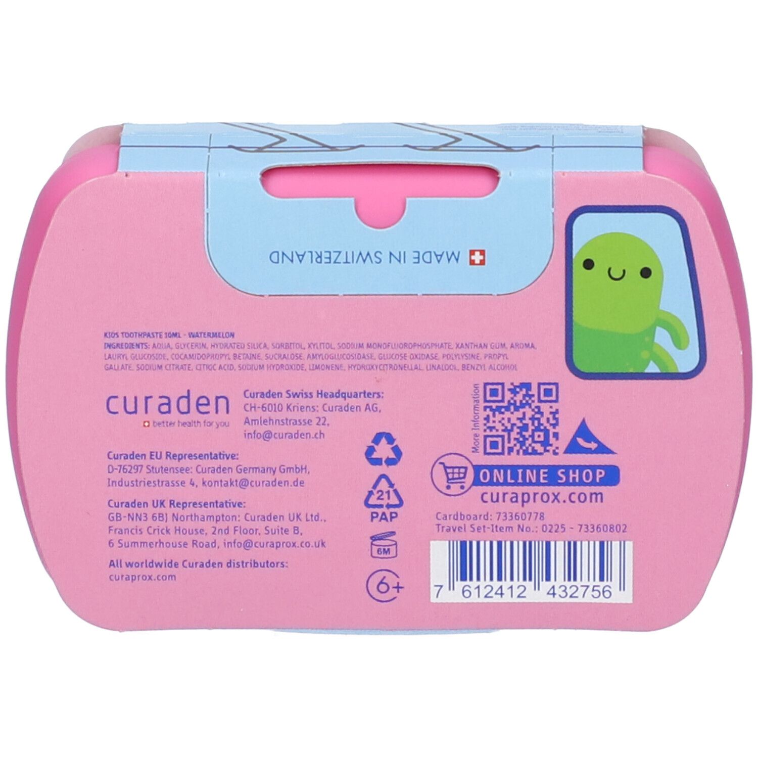 Retro della scatola rosa del set da viaggio. Contiene informazioni, codice QR e logo. Scritta: Made in Switzerland. Età consigliata: 6+.