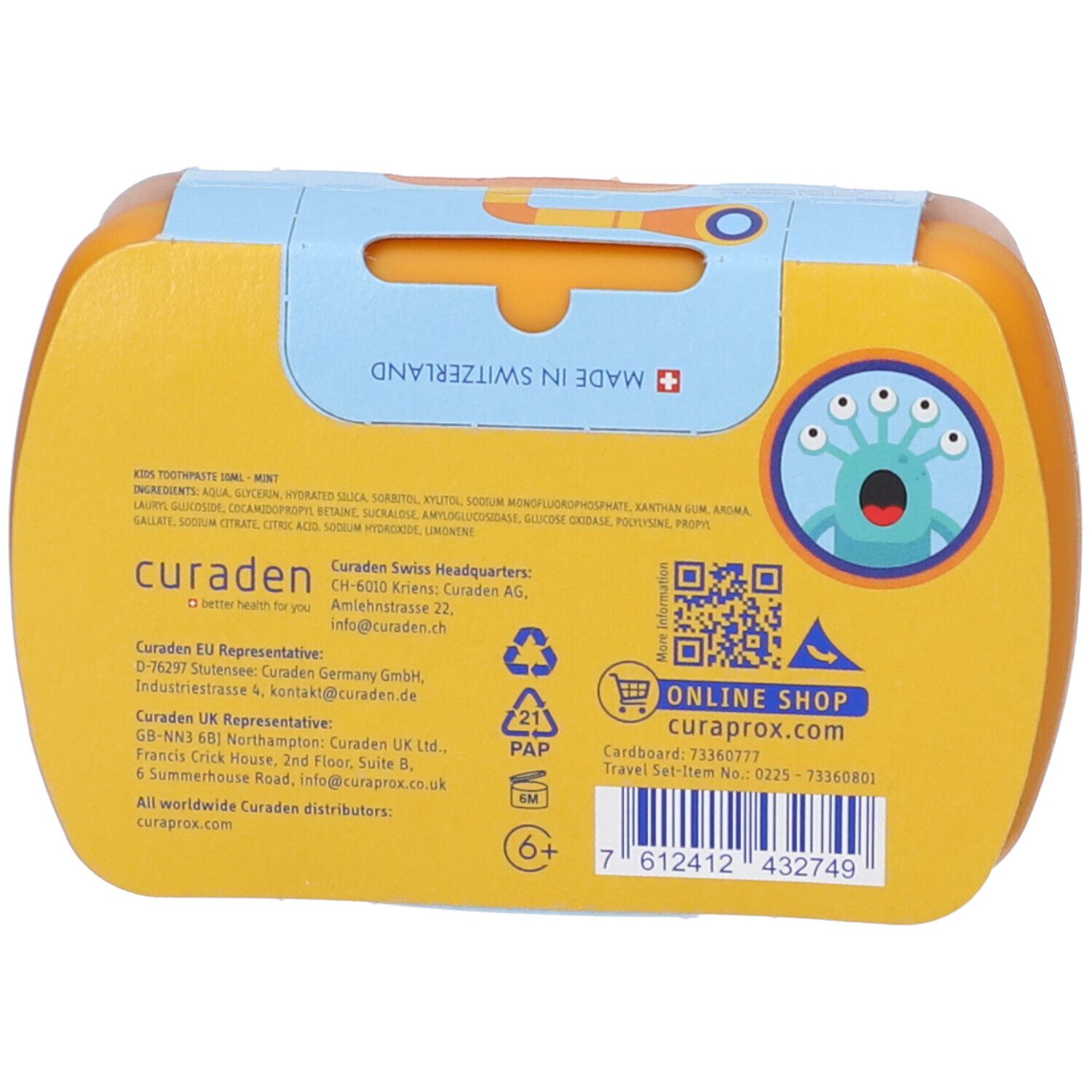 Retro dell'astuccio da viaggio giallo. Contiene informazioni, codice QR e scritta: CURAPROX. Prodotto in Svizzera.