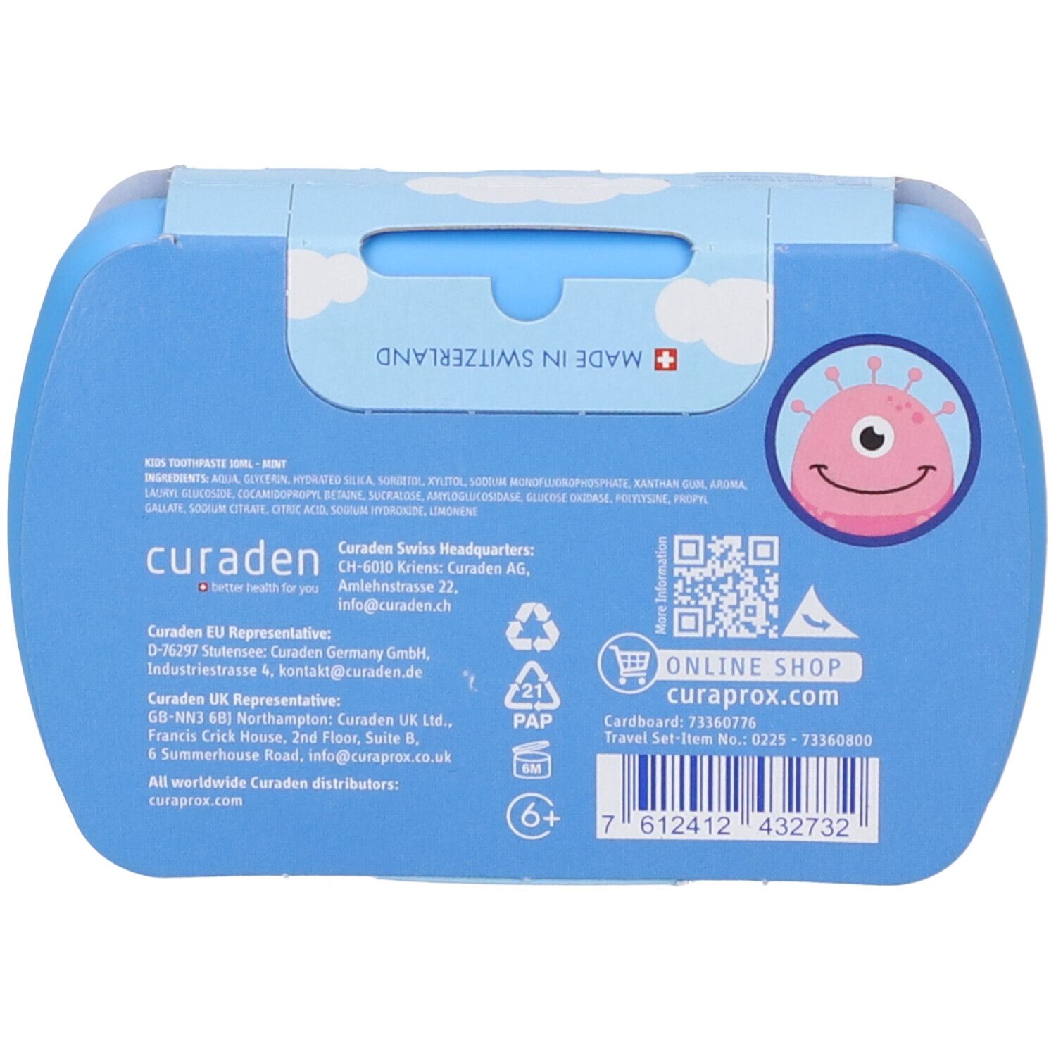 Retro della confezione del set da viaggio. Contiene informazioni su CURAPROX, ingredienti e codice QR per il negozio online.