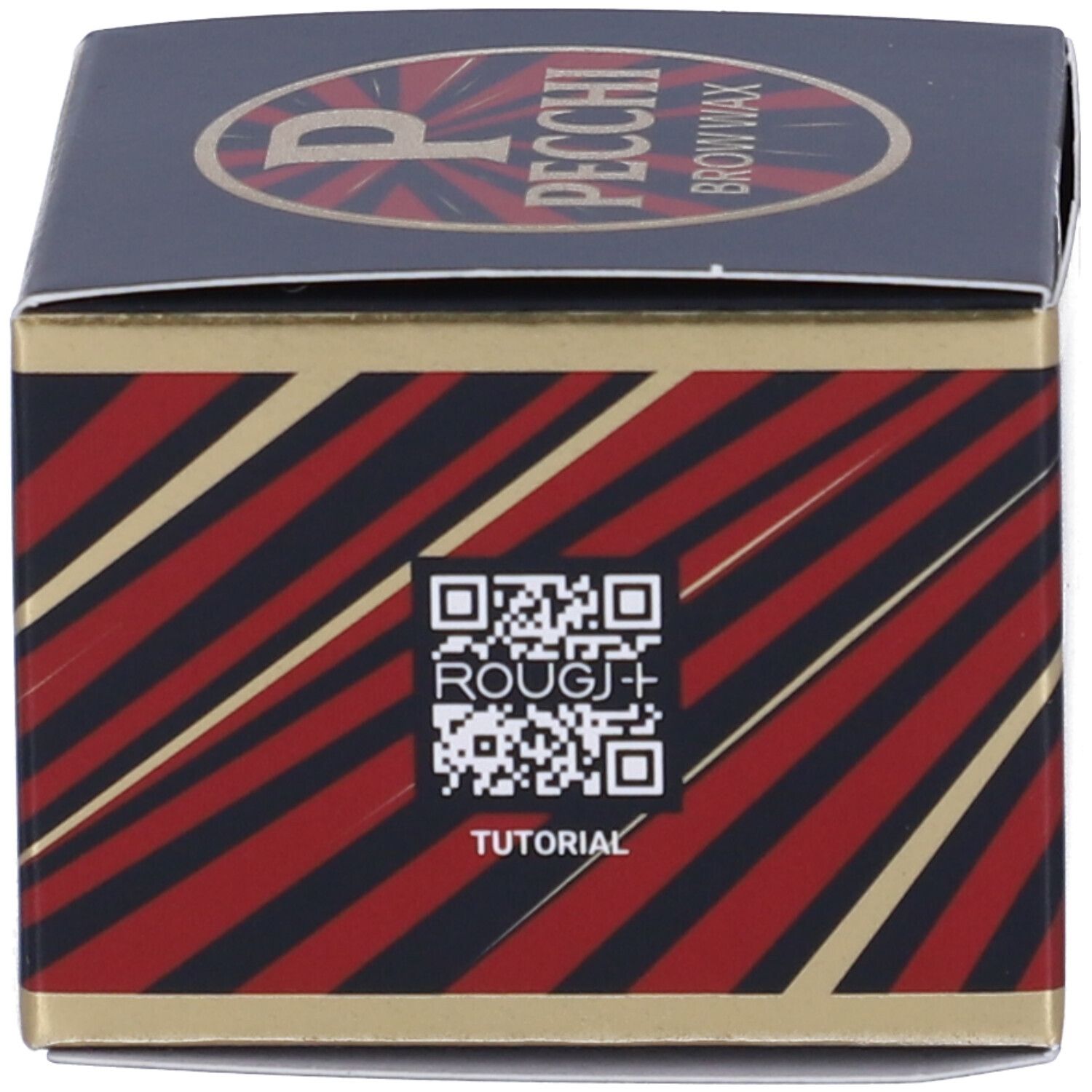 Scatola con motivo rosso e oro. Codice QR e testo: Rougj+ Tutorial.