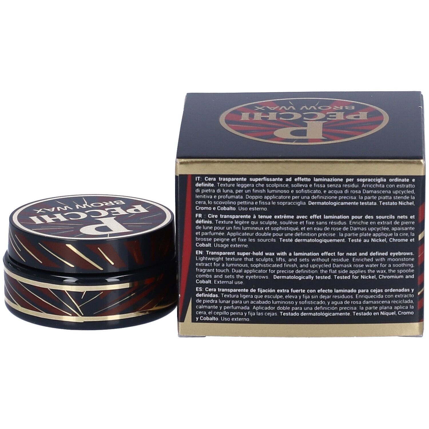 Barattolo e scatola con testo. Descrizione del prodotto in più lingue.