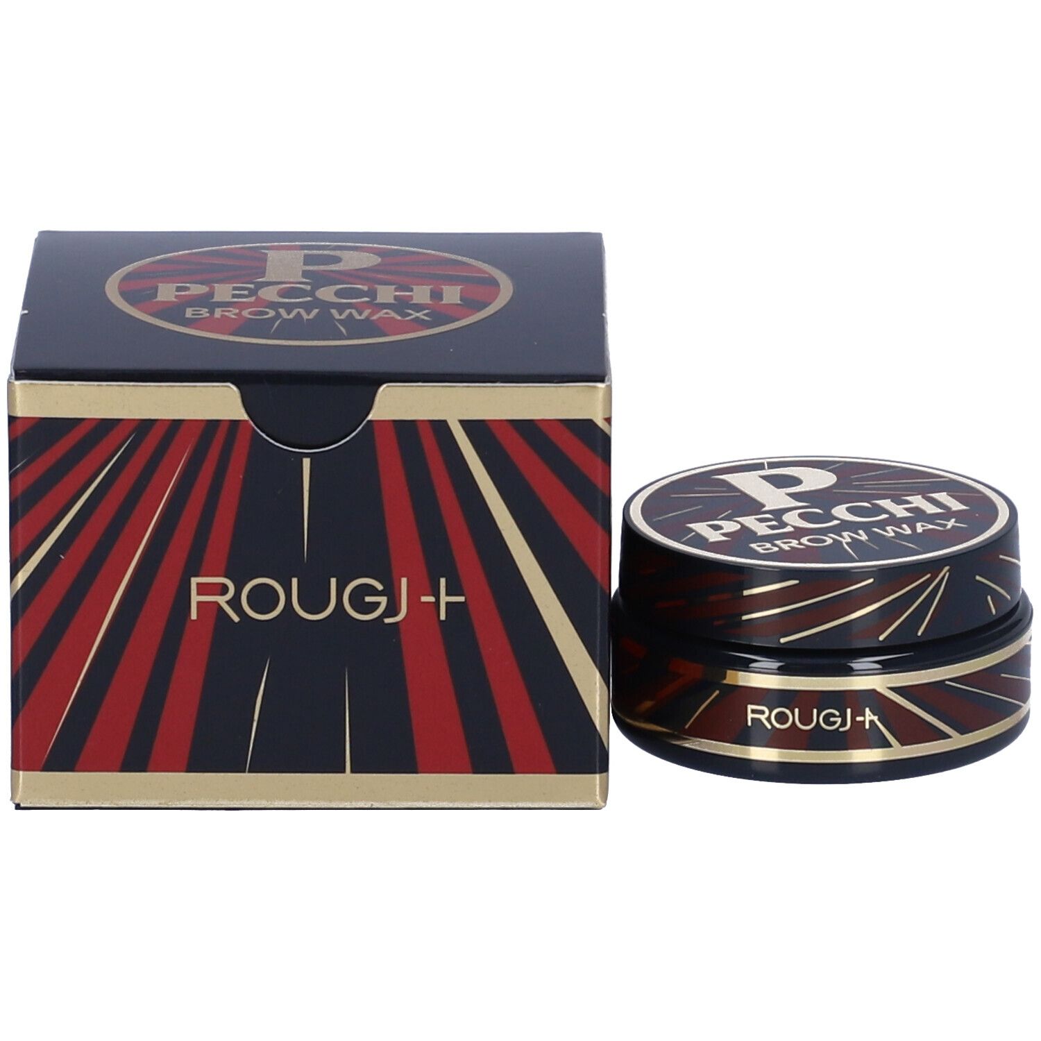 Barattolo e scatola P Pecchi Brow Wax e Rougj+. Colori nero, rosso e oro.