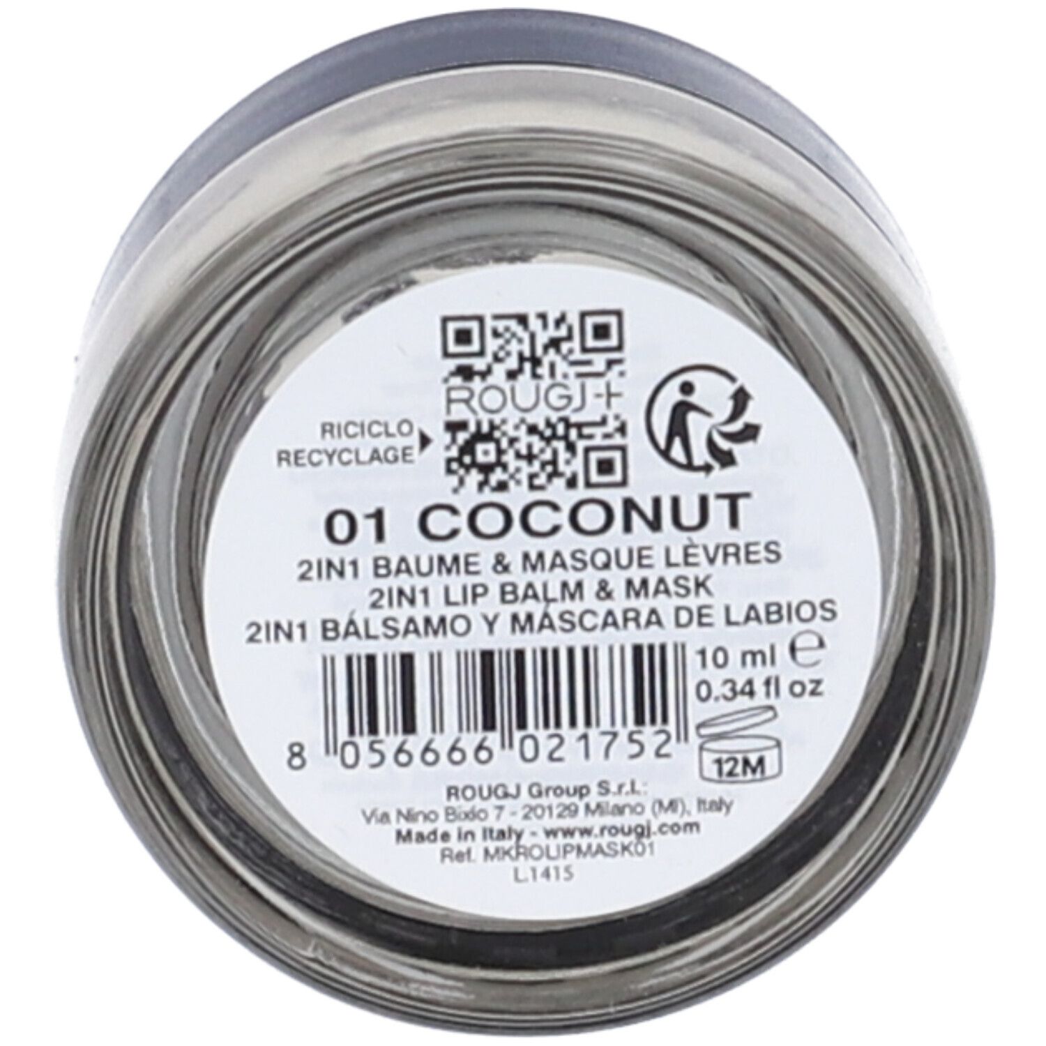 Fondo trasparente del vasetto con etichetta. Scritta 01 Coconut, 2in1 Baume & Masque Lèvres, 10 ml.