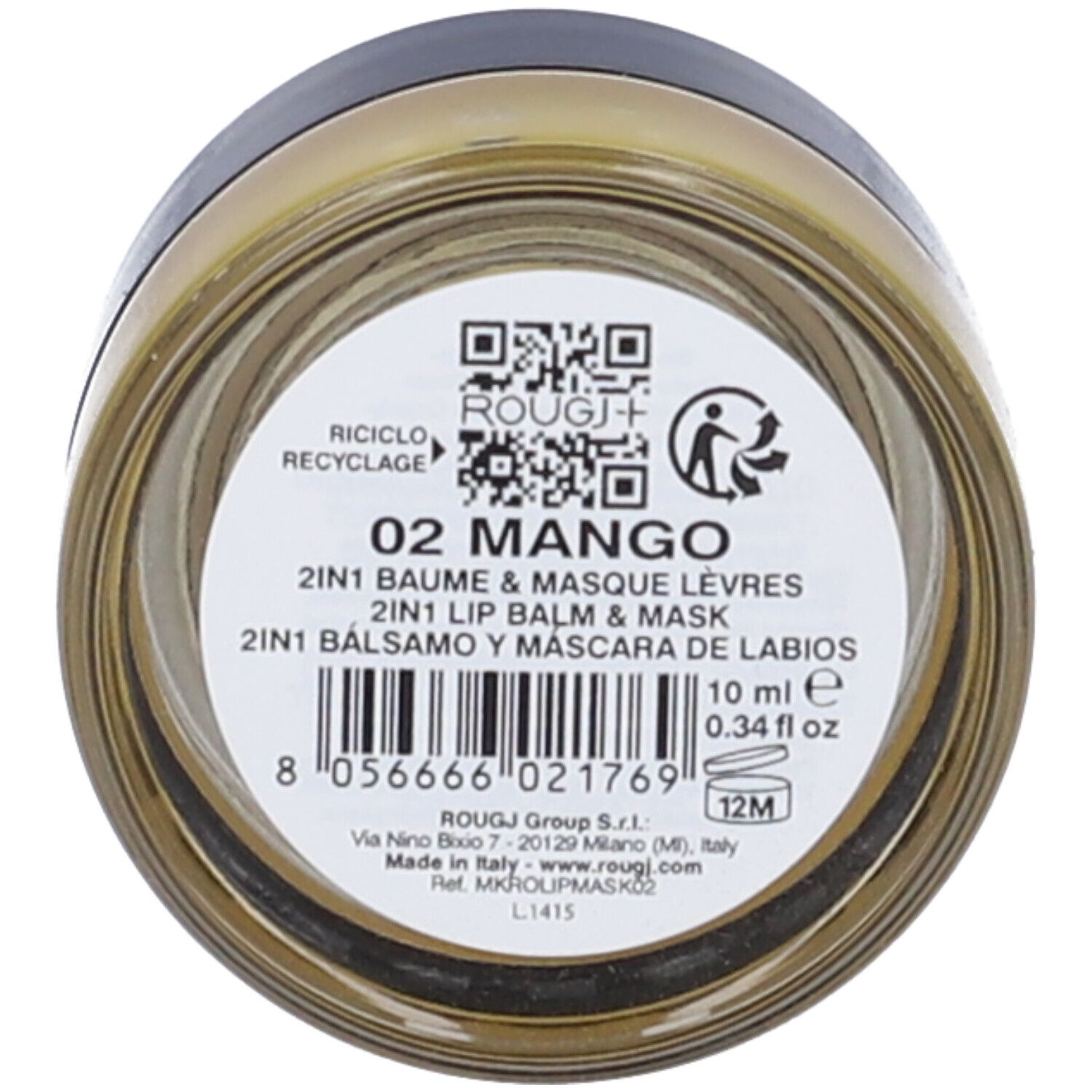 Contenitore di vetro con contenuto giallo. Etichetta con testo: 02 MANGO, 2IN1 BAUME & MASQUE LÈVRES, 2IN1 LIP BALM & MASK.