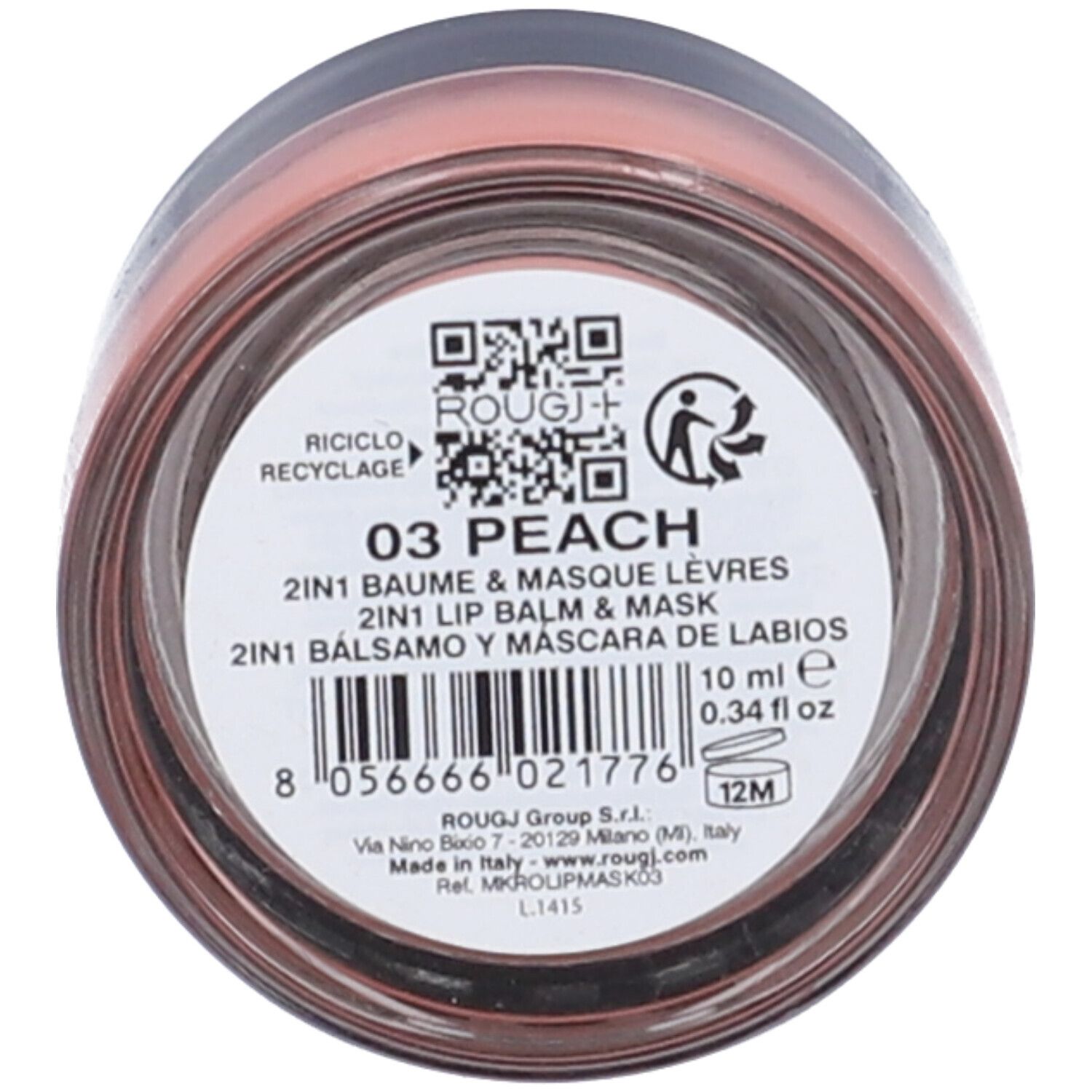 Vasetto trasparente con etichetta. Scritta: 03 PEACH, 2IN1 BAUME & MASQUE LÈVRES, 2IN1 LIP BALM & MASK, 2IN1 BÁLSAMO Y MÁSCARA DE LABIOS.