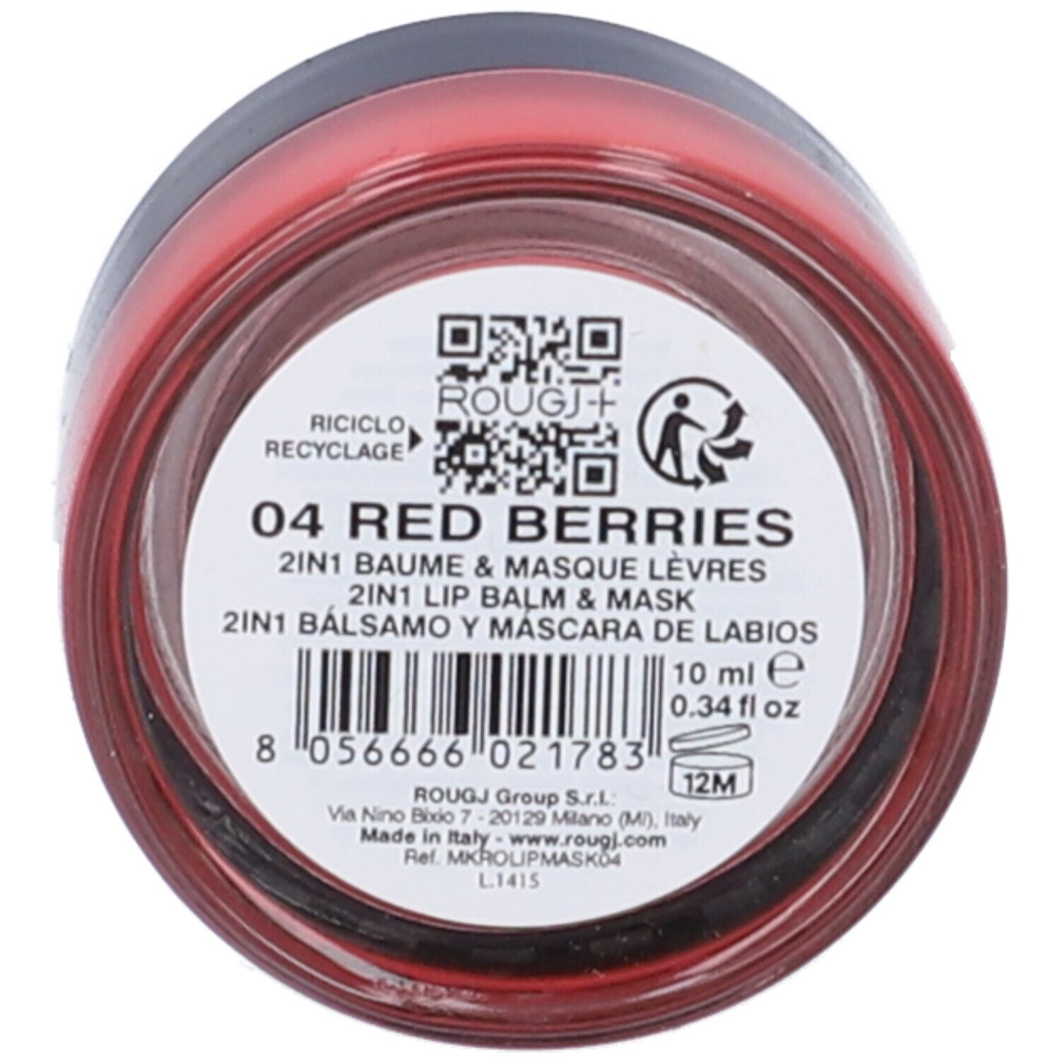 Contenitore rosso rotondo. Etichetta con testo: 04 RED BERRIES, 2IN1 BAUME & MASQUE LÈVRES, 2IN1 LIP BALM & MASK.