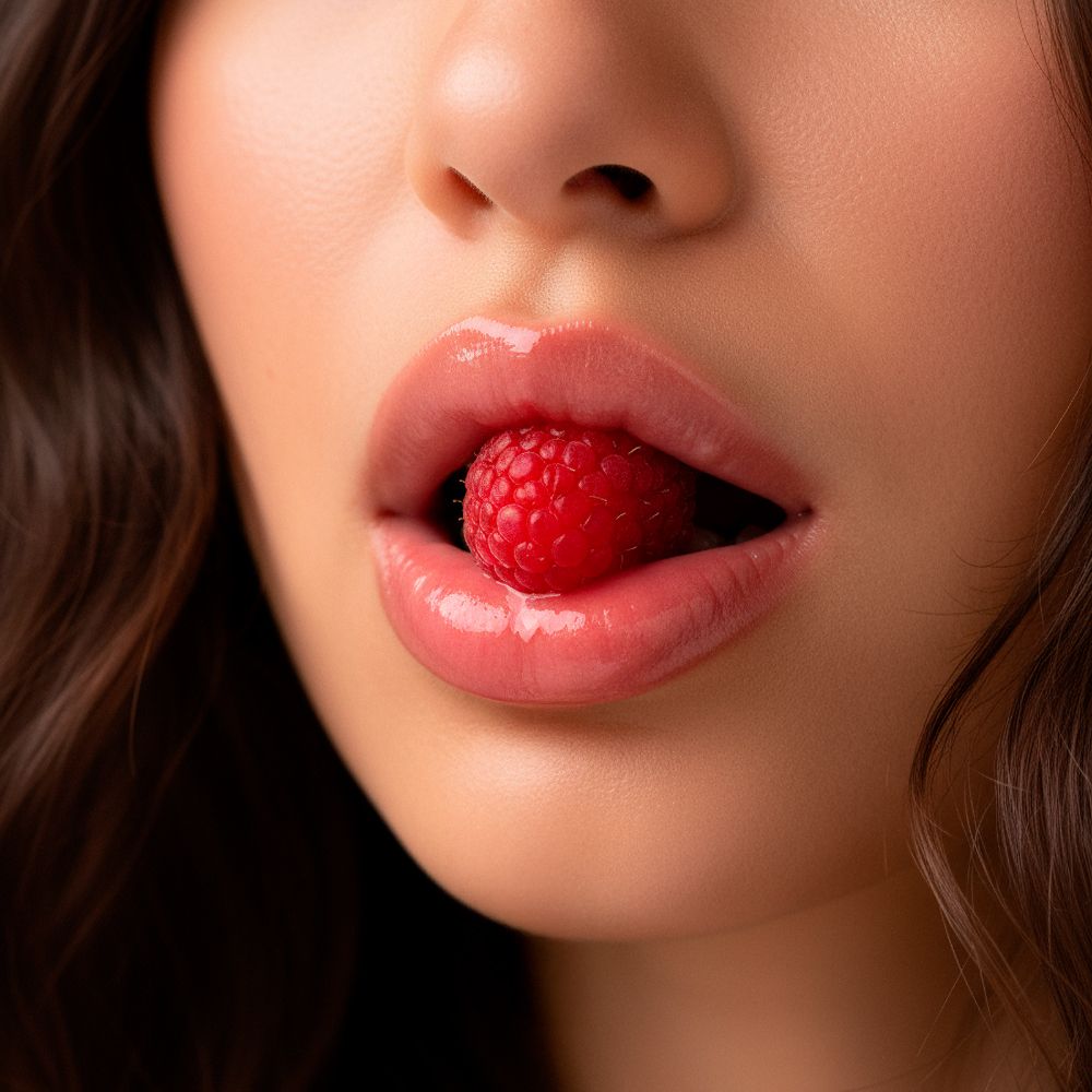 Bocca con labbra rosse, con un lampone. Rossetto lucido.