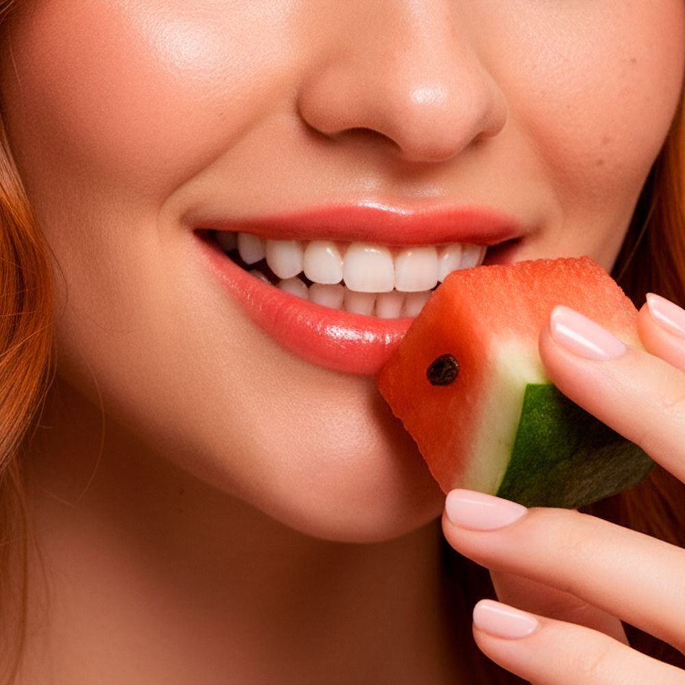 Bocca di donna con balsamo labbra rosa e fetta di anguria. Labbra lucide.