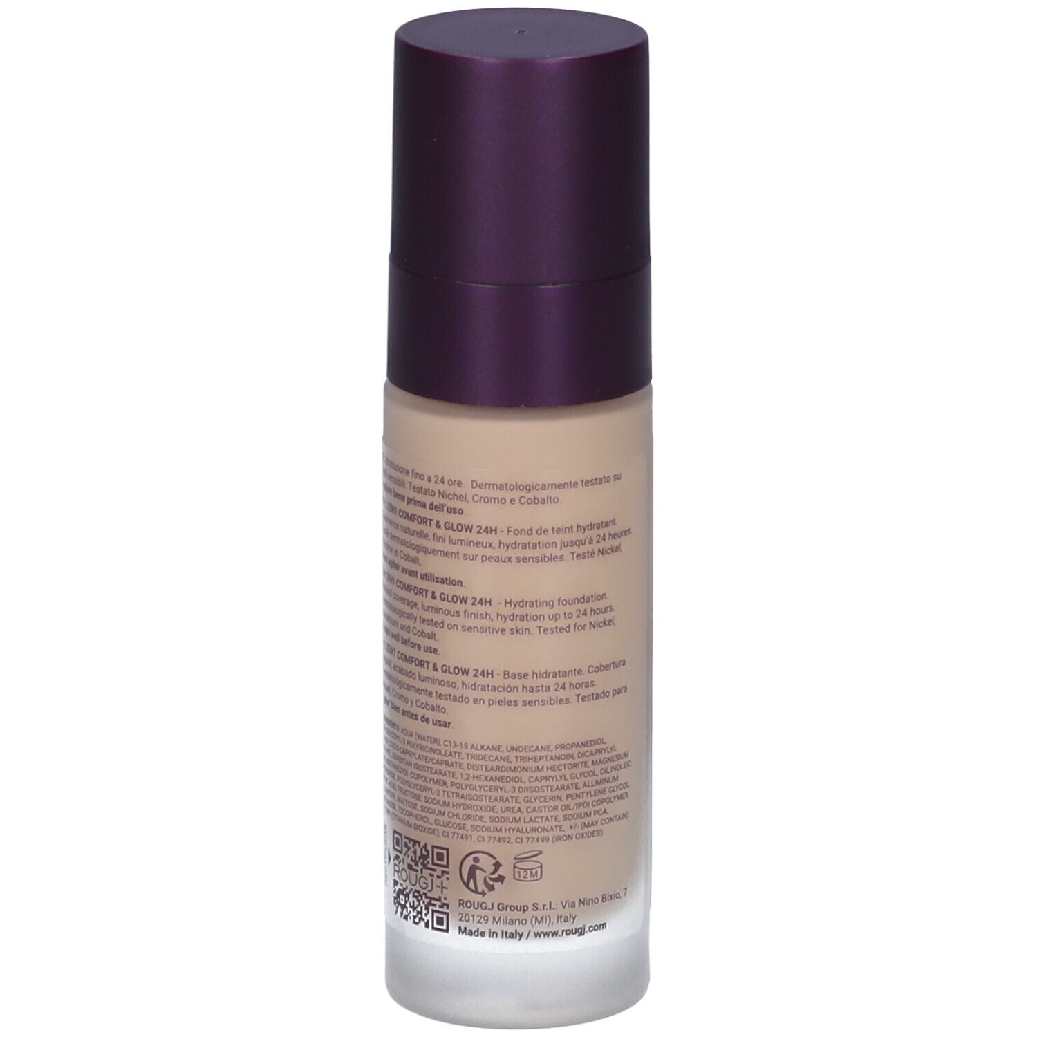 Flacone di fondotinta, retro. Testo in italiano. Marchio Rougj+ visibile.
