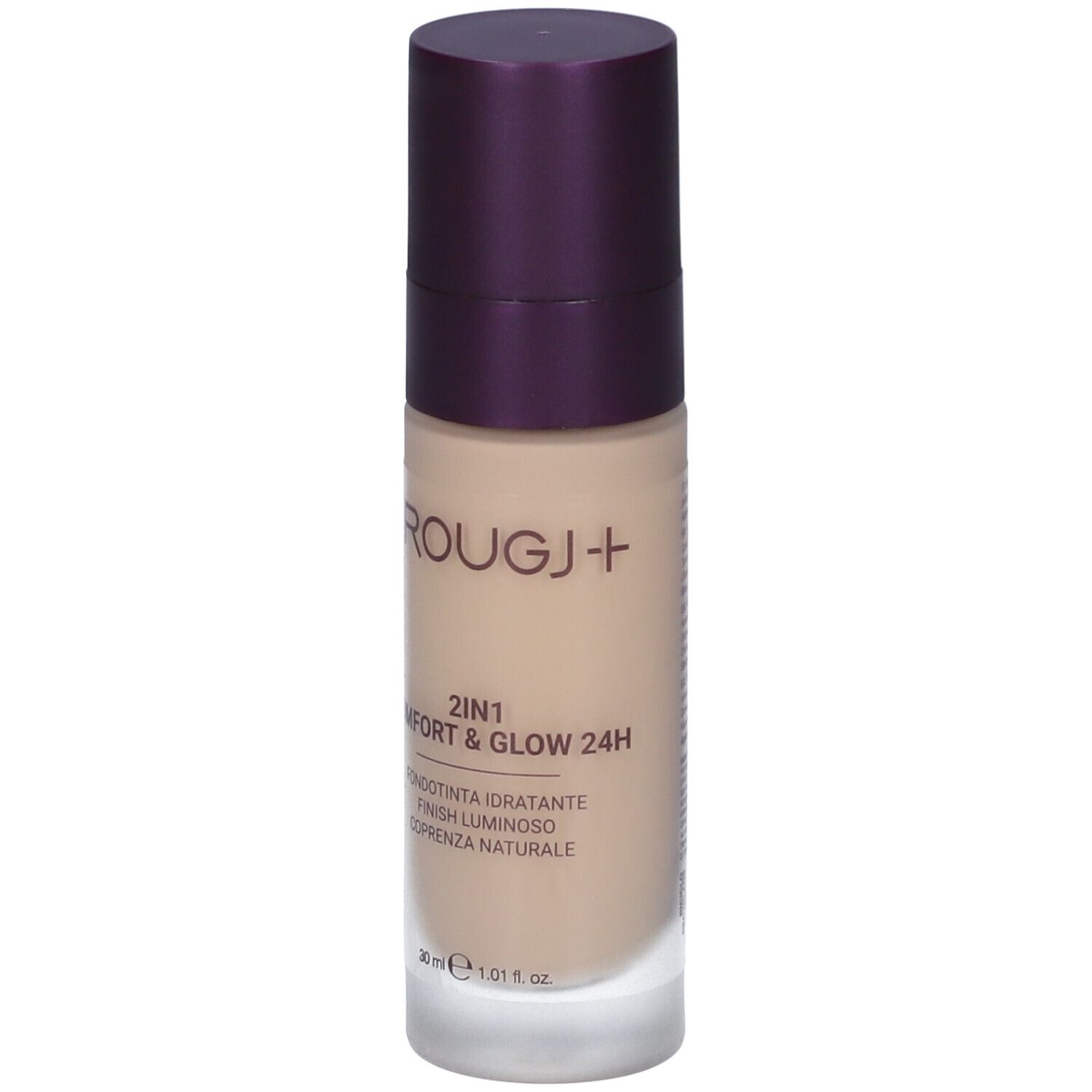 Flacone di fondotinta beige con tappo viola. Scritta: Rougj+, 2in1 Comfort & Glow 24H. Testo in italiano.