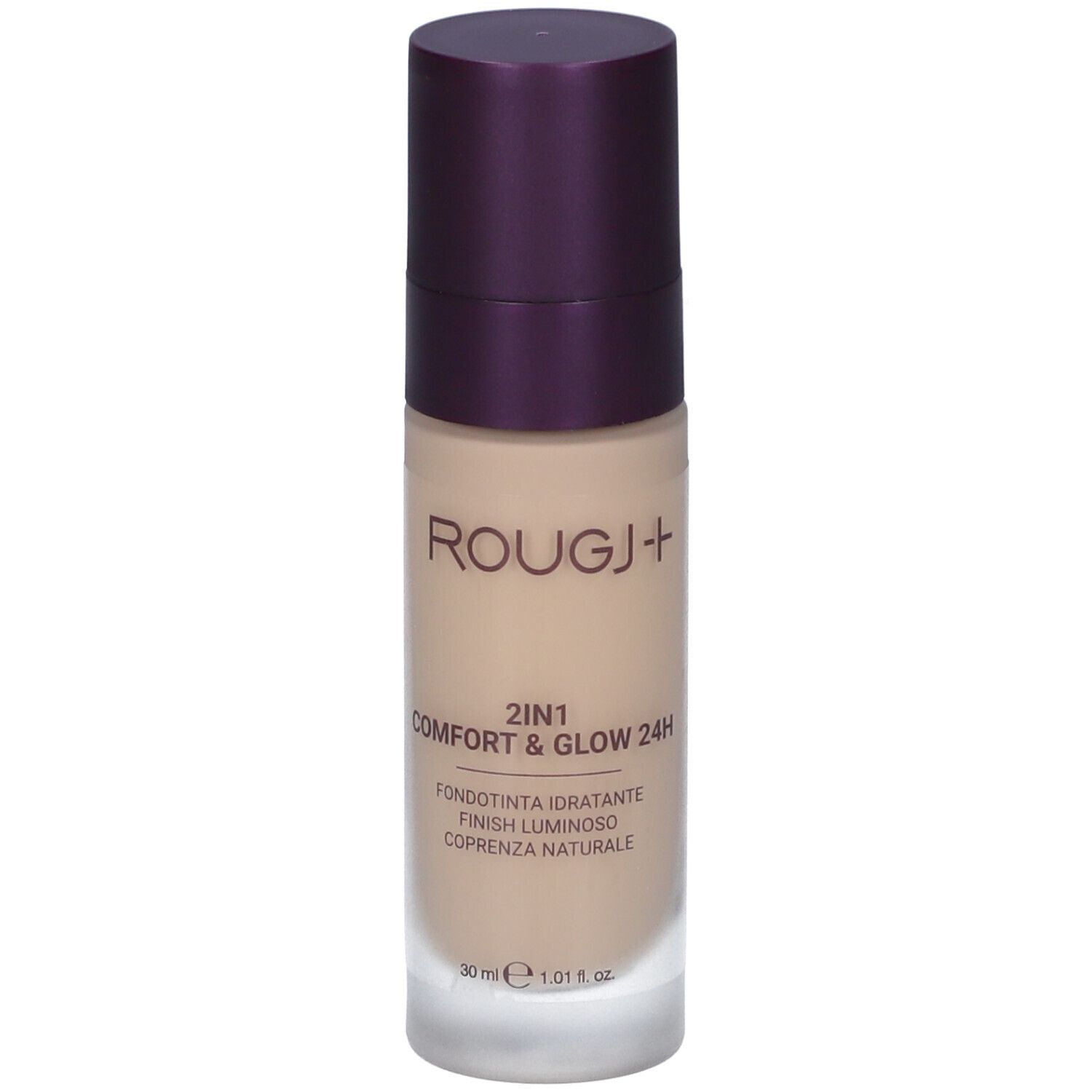 Flacone di fondotinta beige con tappo viola. Scritta: Rougj+, 2in1 Comfort & Glow 24H. Testo in italiano.