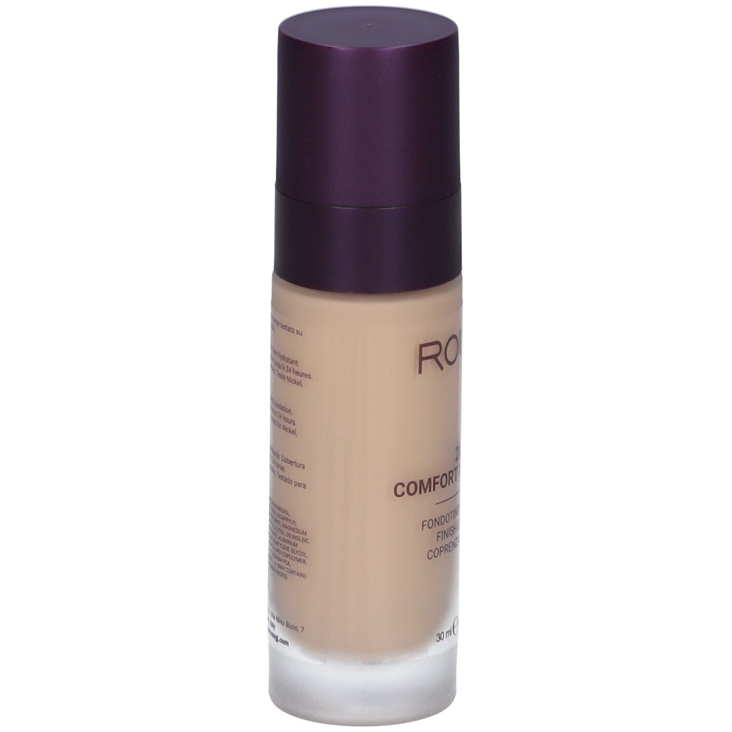 Rougj+ 2In1 Comfort & Glow 24H Fondotinta. Liquido beige in flacone con tappo viola. Testo sul retro.