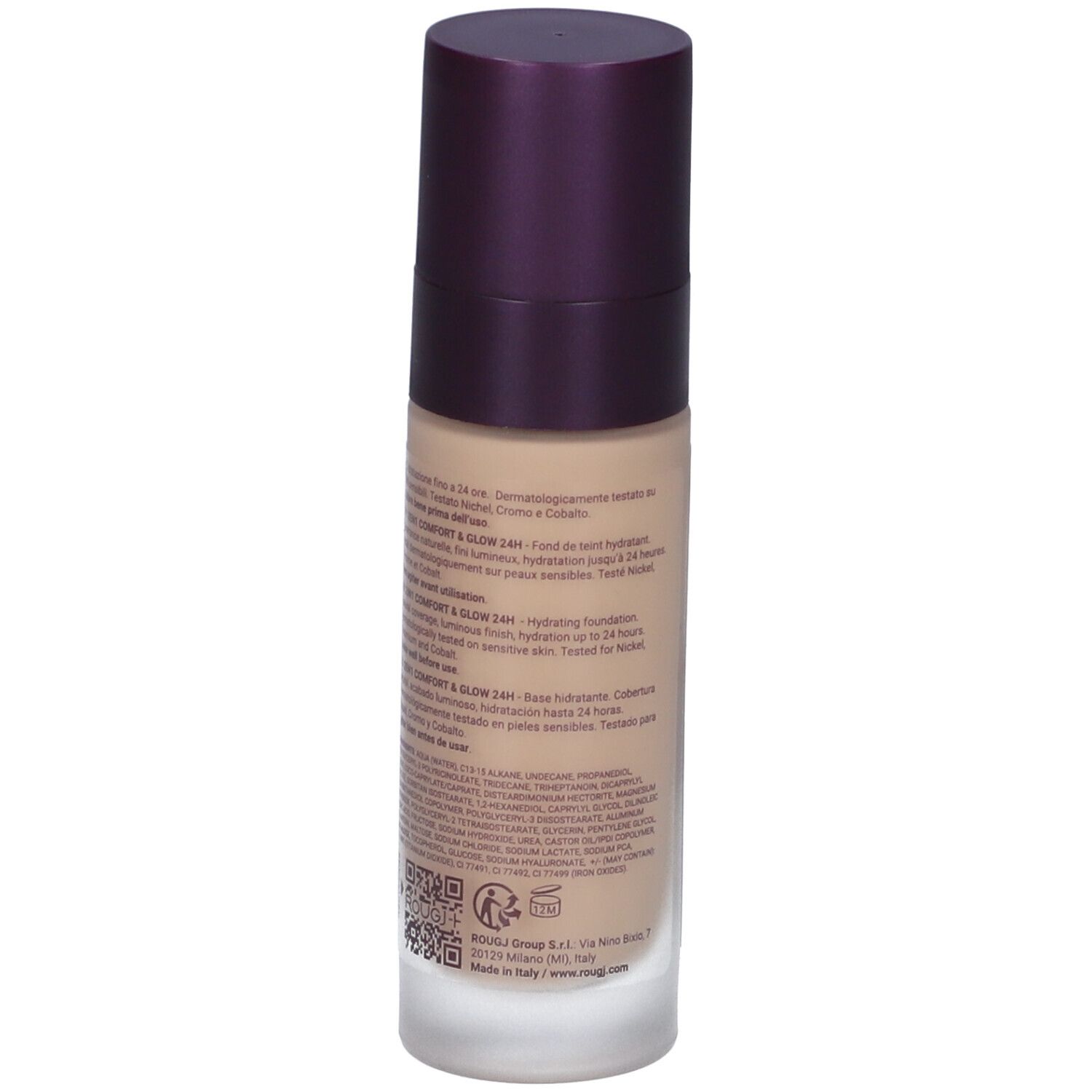 Rougj+ 2In1 Comfort & Glow 24H Fondotinta. Liquido beige in flacone con tappo viola. Testo sul retro.