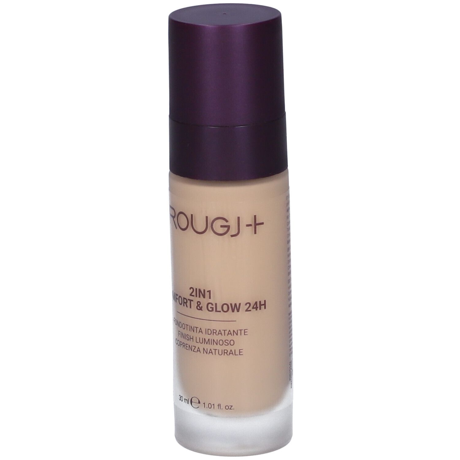 Rougj+ 2In1 Comfort & Glow 24H Fondotinta. Liquido beige in flacone con tappo viola. Testo frontale.