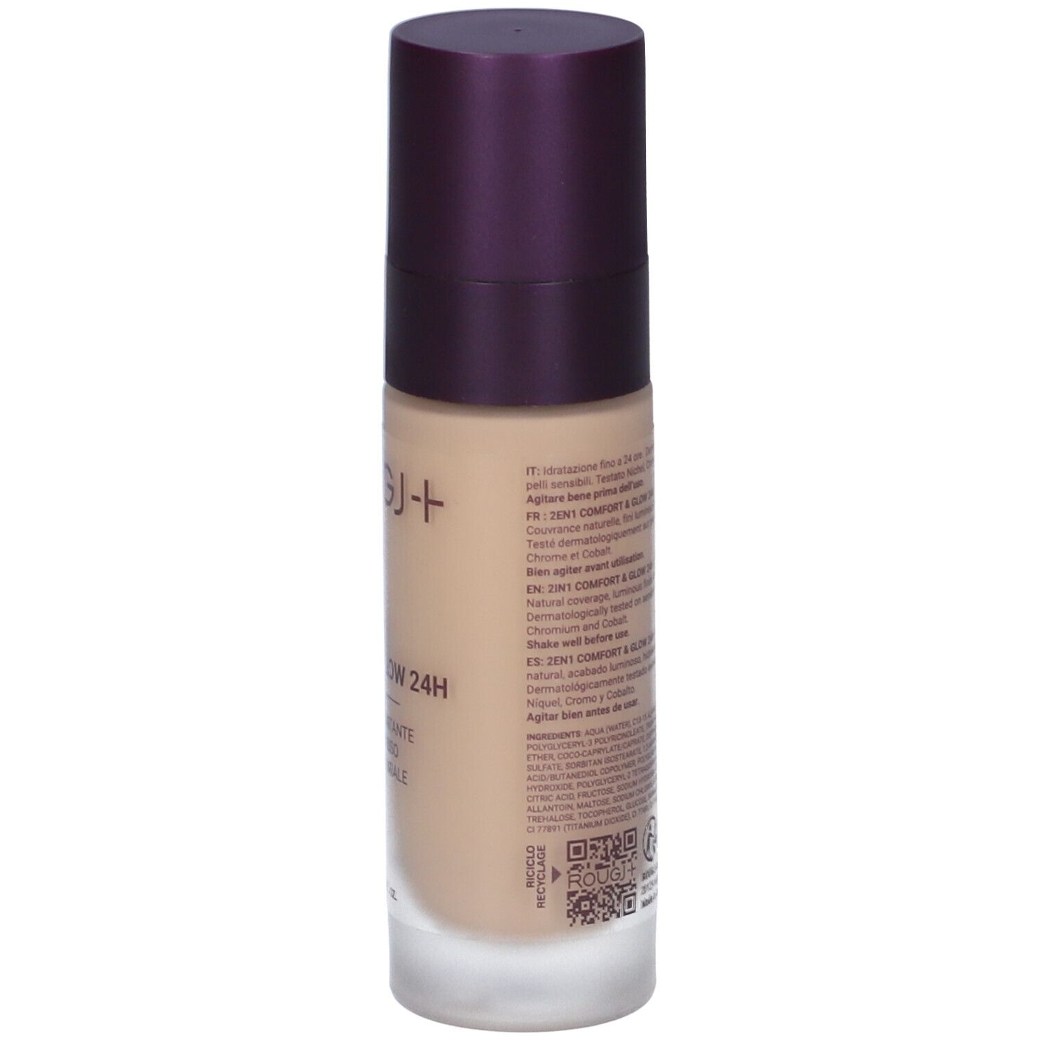 Rougj+ 2In1 Comfort & Glow 24H Fondotinta. Liquido beige in flacone con tappo viola. Testo sul retro.