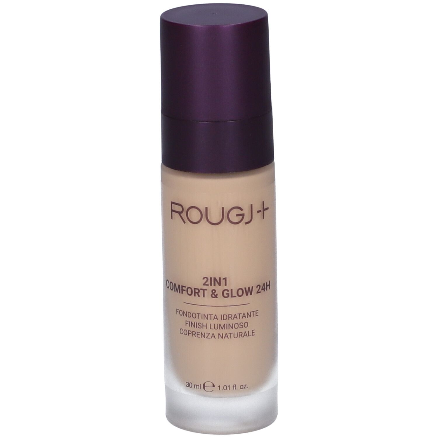 Rougj+ 2In1 Comfort & Glow 24H Fondotinta. Liquido beige in flacone con tappo viola. Testo frontale.