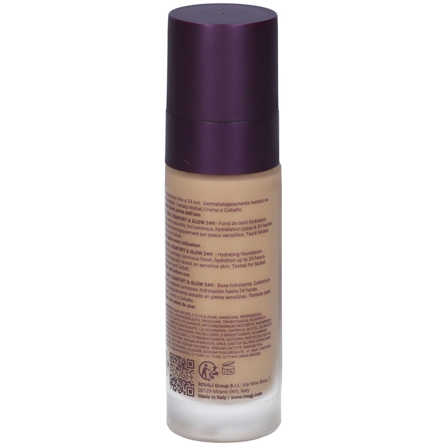 Rougj+ 2In1 Comfort & Glow 24H Fondotinta. Retro del flacone con testo. Contenuto beige, tappo viola. Testo in più lingue.