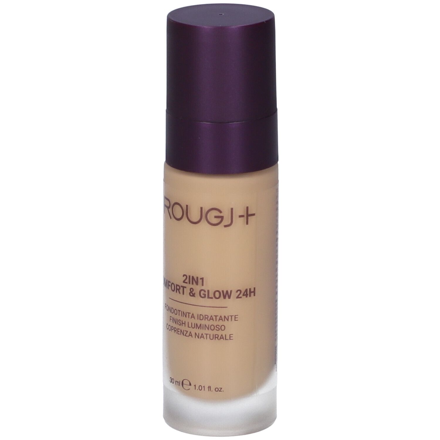 Rougj+ 2In1 Comfort & Glow 24H Fondotinta. Flacone con contenuto beige e tappo viola. Testo: 2In1, Fondotinta Idratante Luminoso.
