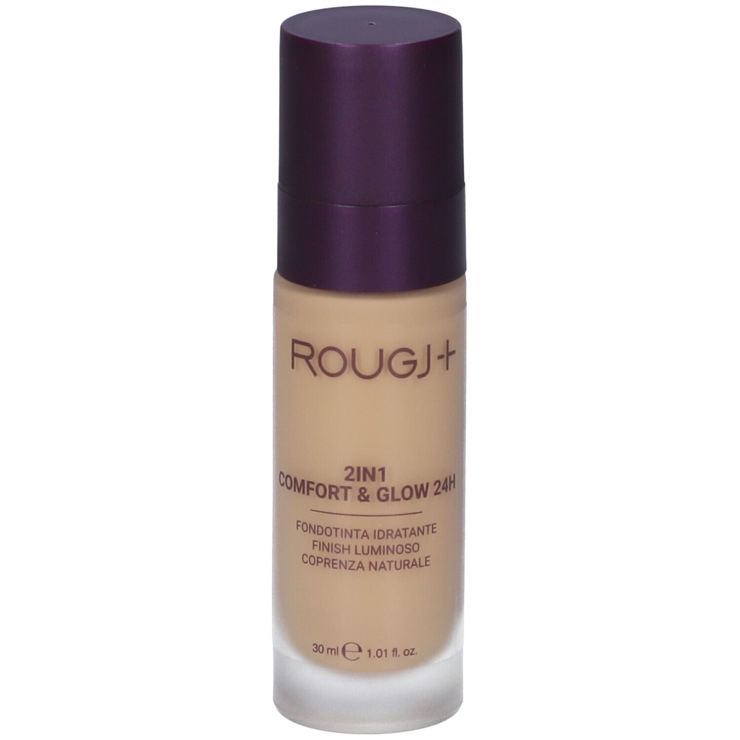 Rougj+ 2In1 Comfort & Glow 24H Fondotinta. Flacone con contenuto beige e tappo viola. Testo: 2In1, Fondotinta Idratante Luminoso.