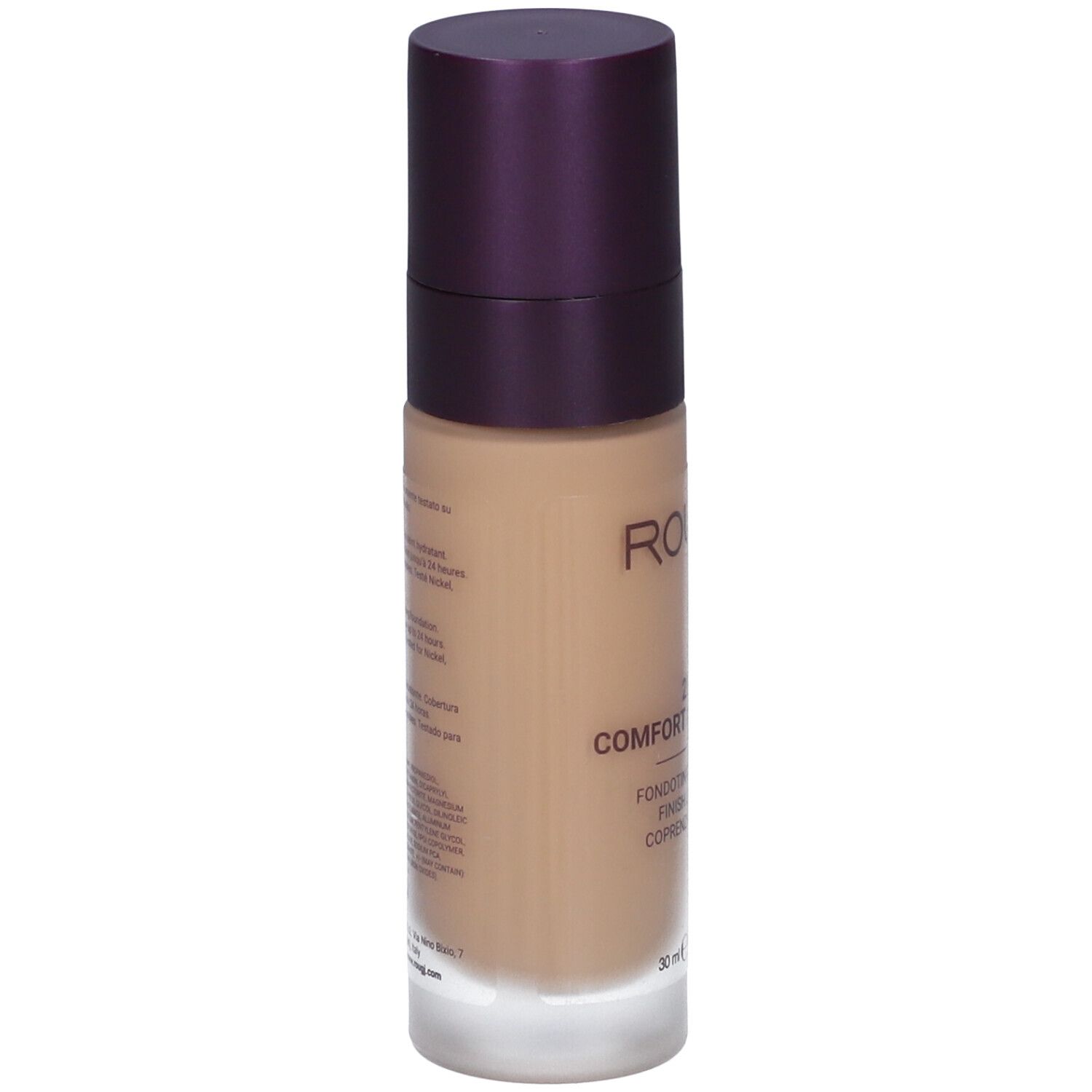 Retro del flacone di fondotinta. Testo multilingue. Colore beige. Tappo viola. Scritta: Rougj+ Comfort & Glow 24H.