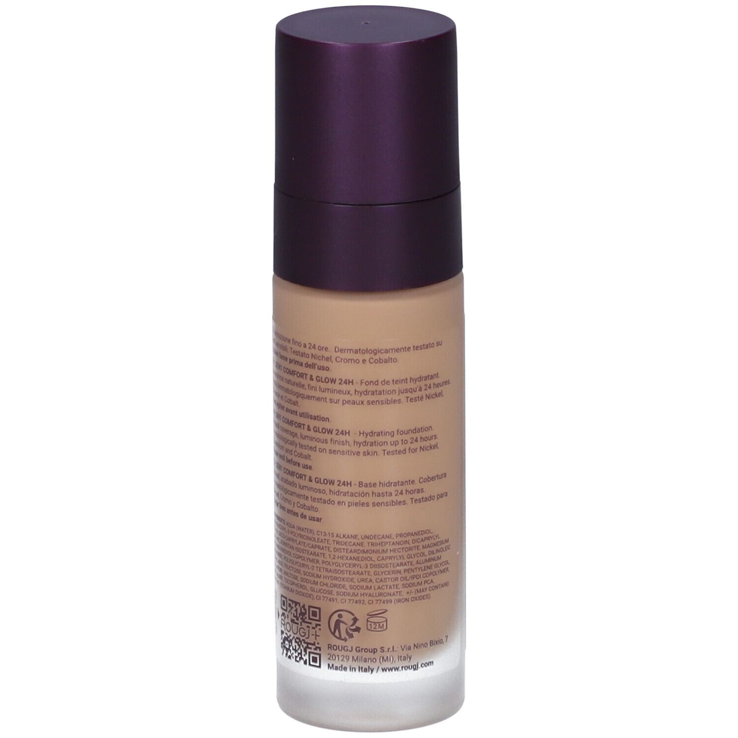 Retro del flacone di fondotinta. Testo multilingue. Colore beige. Tappo viola. Scritta: Rougj+ Comfort & Glow 24H.
