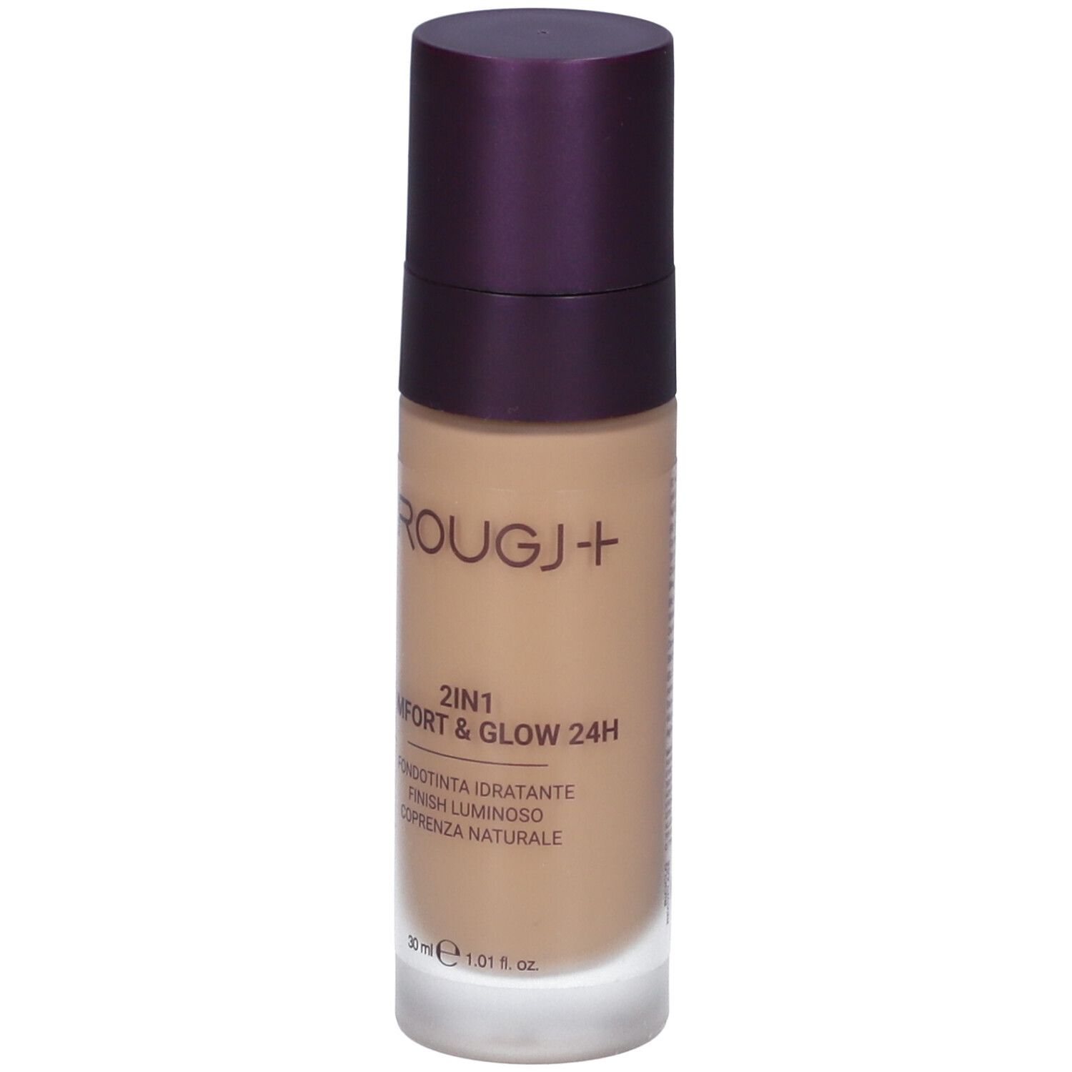 Flacone di fondotinta beige con tappo viola. Scritta: Rougj+, 2in1 Comfort & Glow 24H. Finish luminoso, Coprenza naturale.
