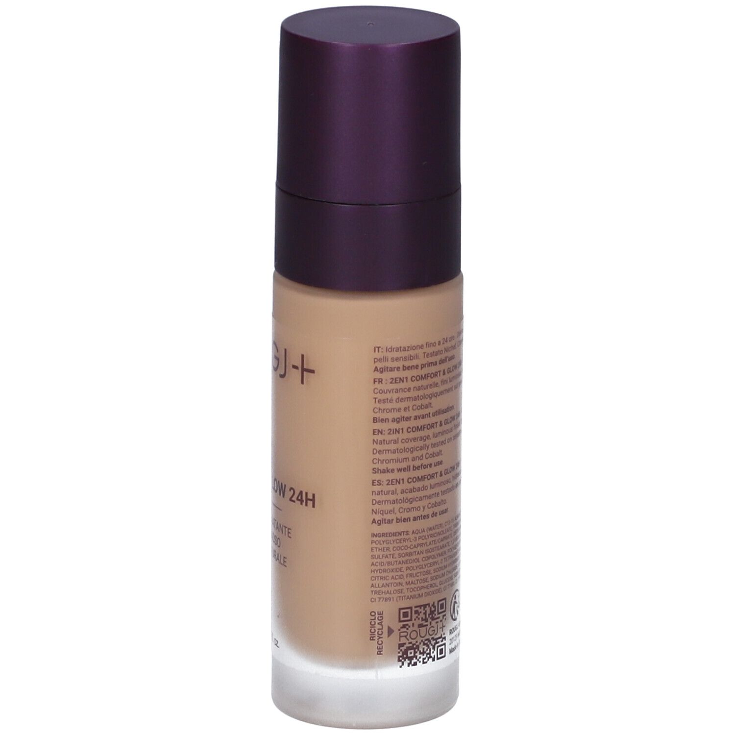 Retro del flacone di fondotinta. Testo multilingue. Colore beige. Tappo viola. Scritta: Rougj+ Comfort & Glow 24H.