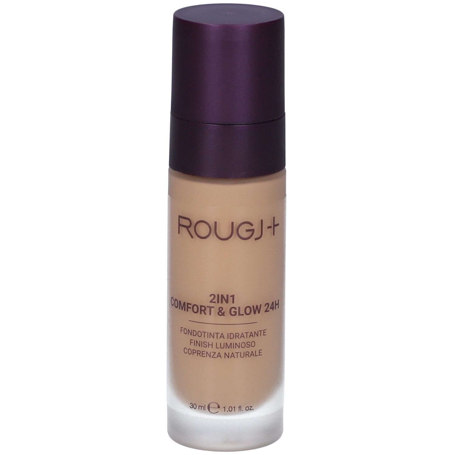 Flacone di fondotinta beige con tappo viola. Scritta: Rougj+, 2in1 Comfort & Glow 24H. Finish luminoso, Coprenza naturale.