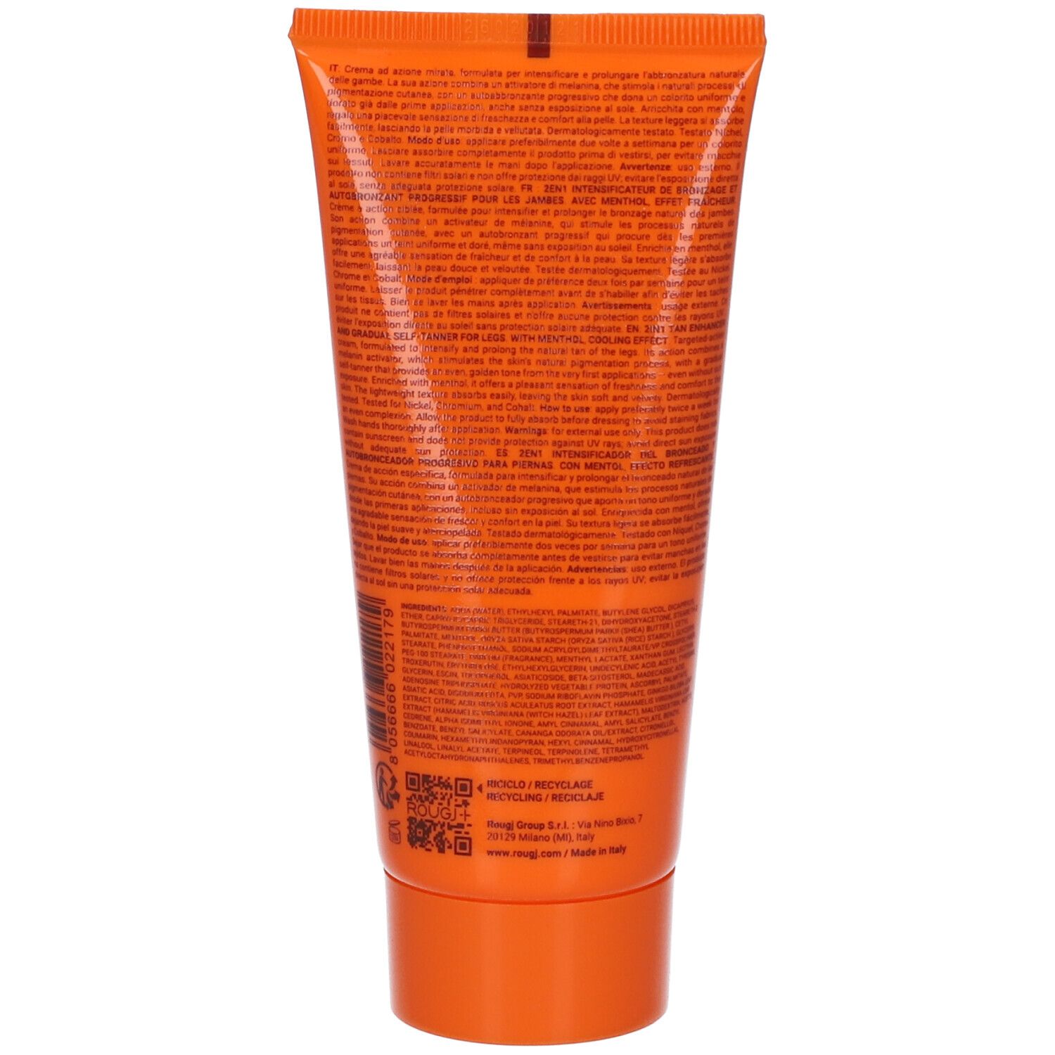 Retro di un tubo arancione. Testo multilingue. In basso: informazioni produttore e codice QR.