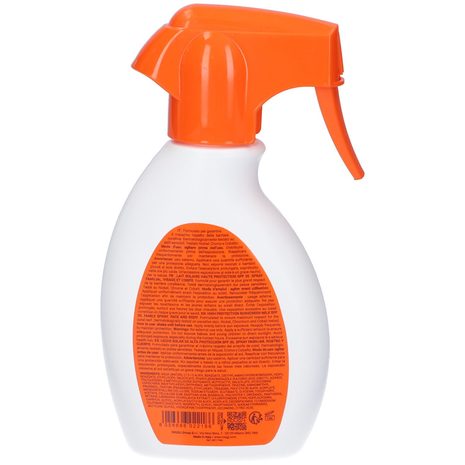 Retro del flacone bianco con erogatore arancione. Testo su etichetta arancione.