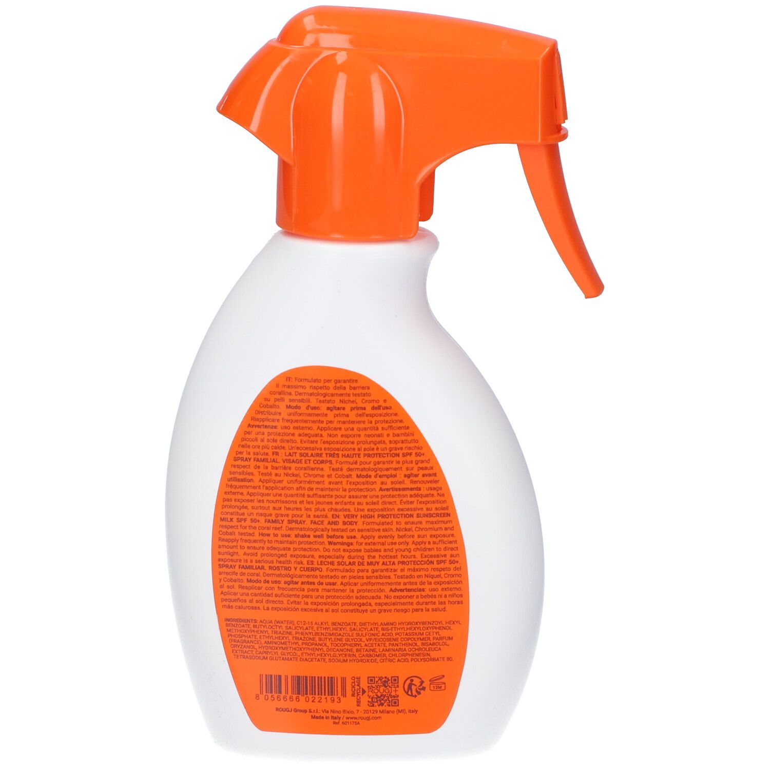 Retro del flacone spray bianco con erogatore arancione. Testo su sfondo arancione.