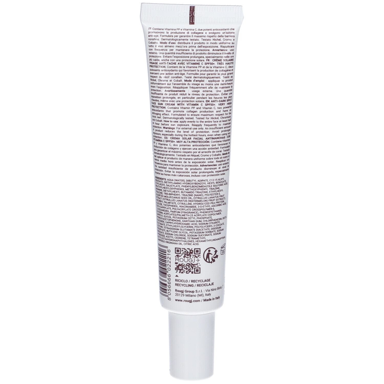 Retro del tubo crema con testo, ingredienti e QR code. Informazioni produttore e loghi.