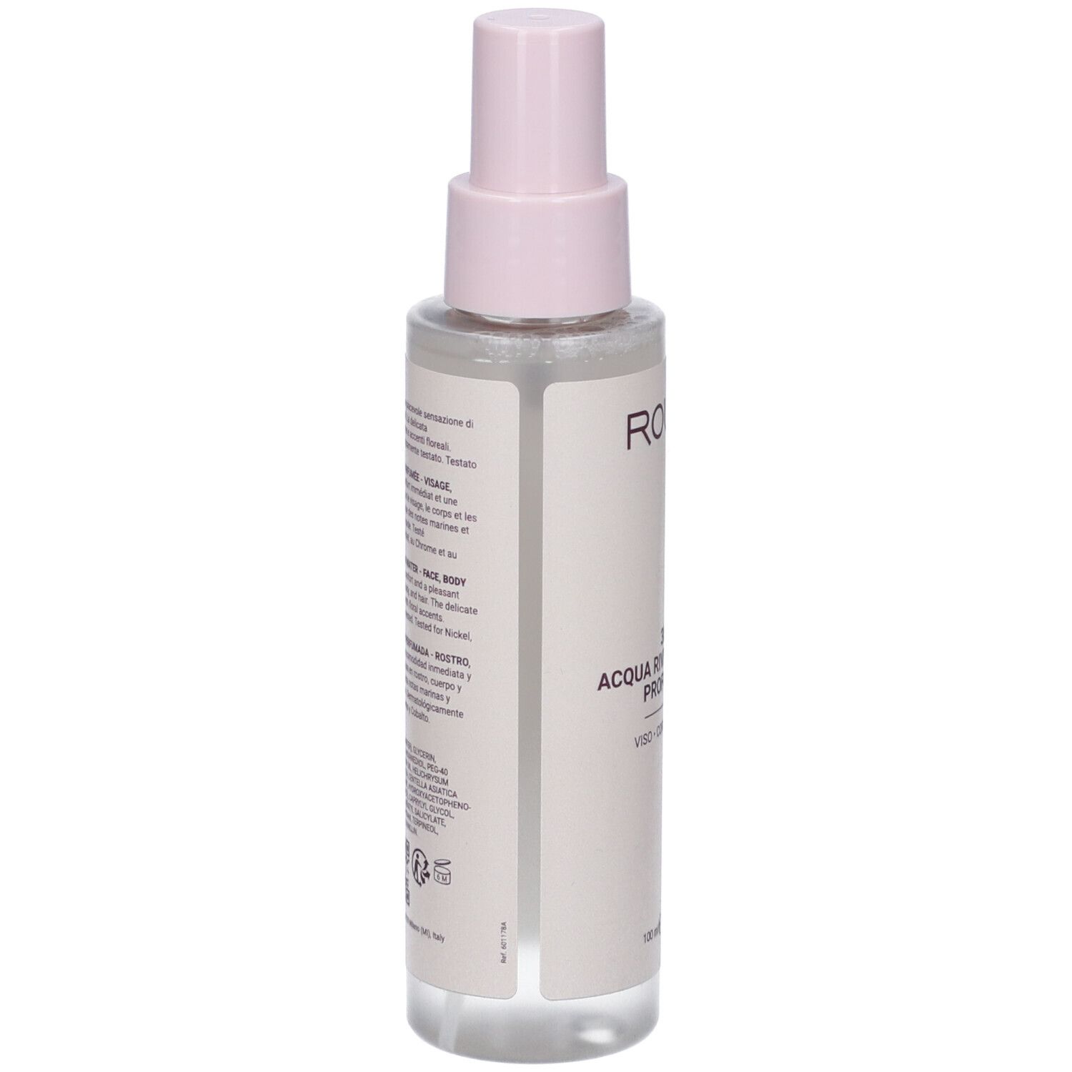 Retro del flacone. Scritta: Rougj+, 3in1 Acqua Rivitalizzante Profumata. Testo in italiano.
