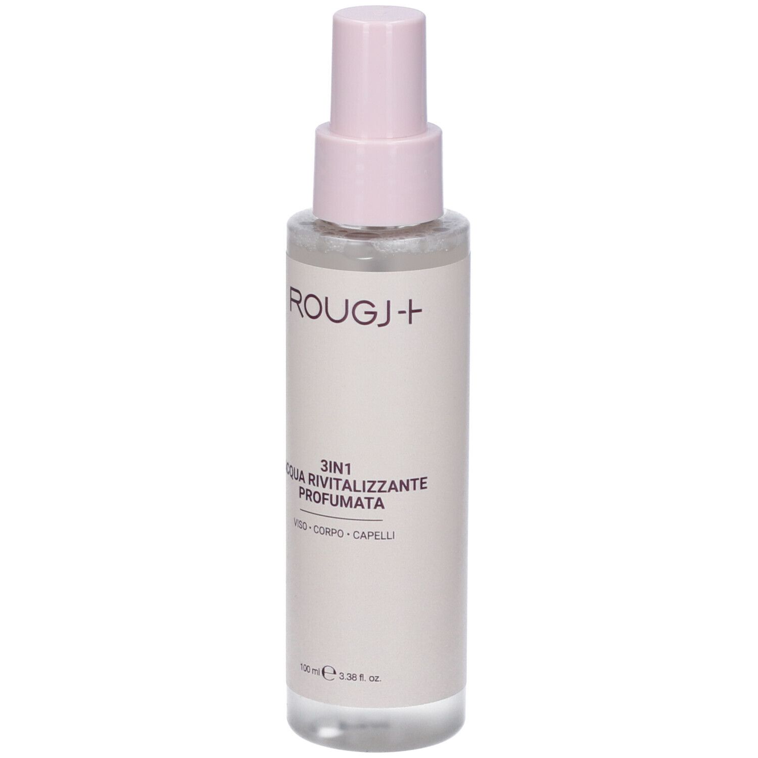 Flacone trasparente con vaporizzatore rosa. Scritta: Rougj+, 3in1 Acqua Rivitalizzante Profumata. Viso, corpo, capelli.