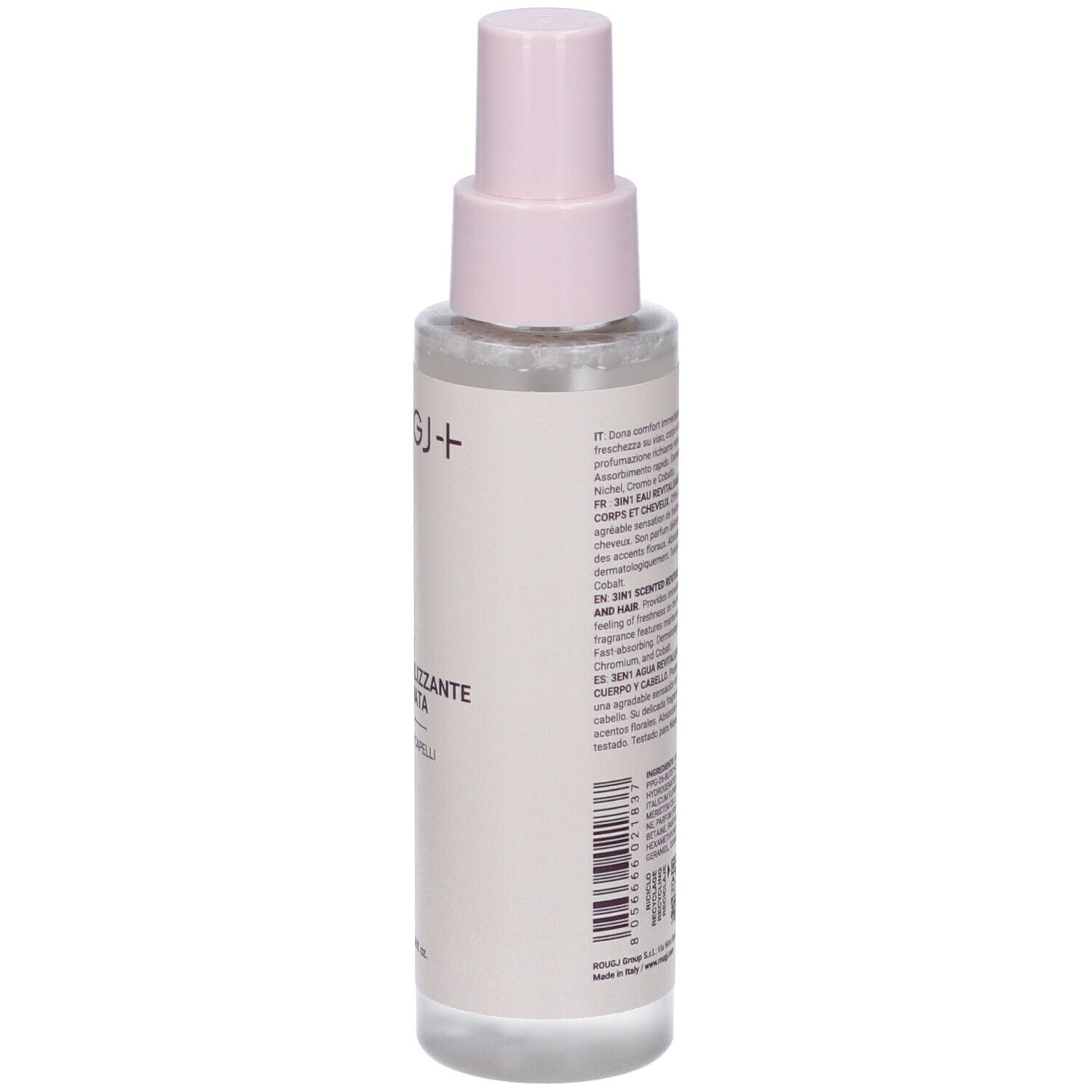 Retro del flacone. Scritta: Rougj+, 3in1 Acqua Rivitalizzante Profumata. Testo in italiano.