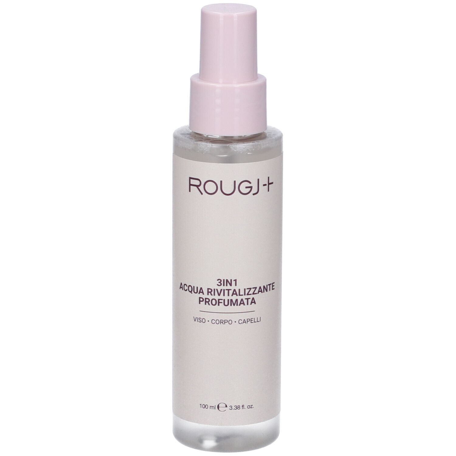 Flacone trasparente con vaporizzatore rosa. Scritta: Rougj+, 3in1 Acqua Rivitalizzante Profumata. Viso, corpo, capelli.