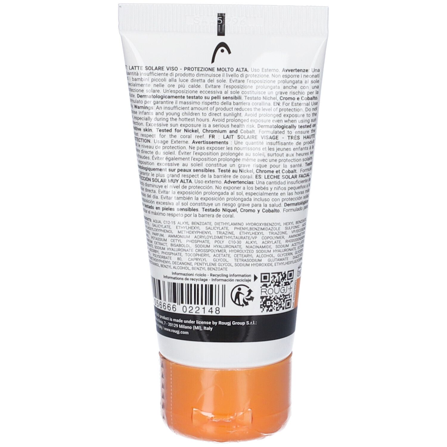 Retro del tubo. Testo multilingue. Tappo arancione. Area nera con codice a barre.