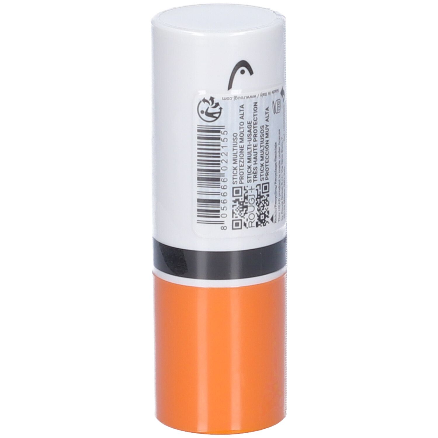 Stick cilindrico bianco e arancione. Retro con testo, codice a barre e QR code. Striscia nera.