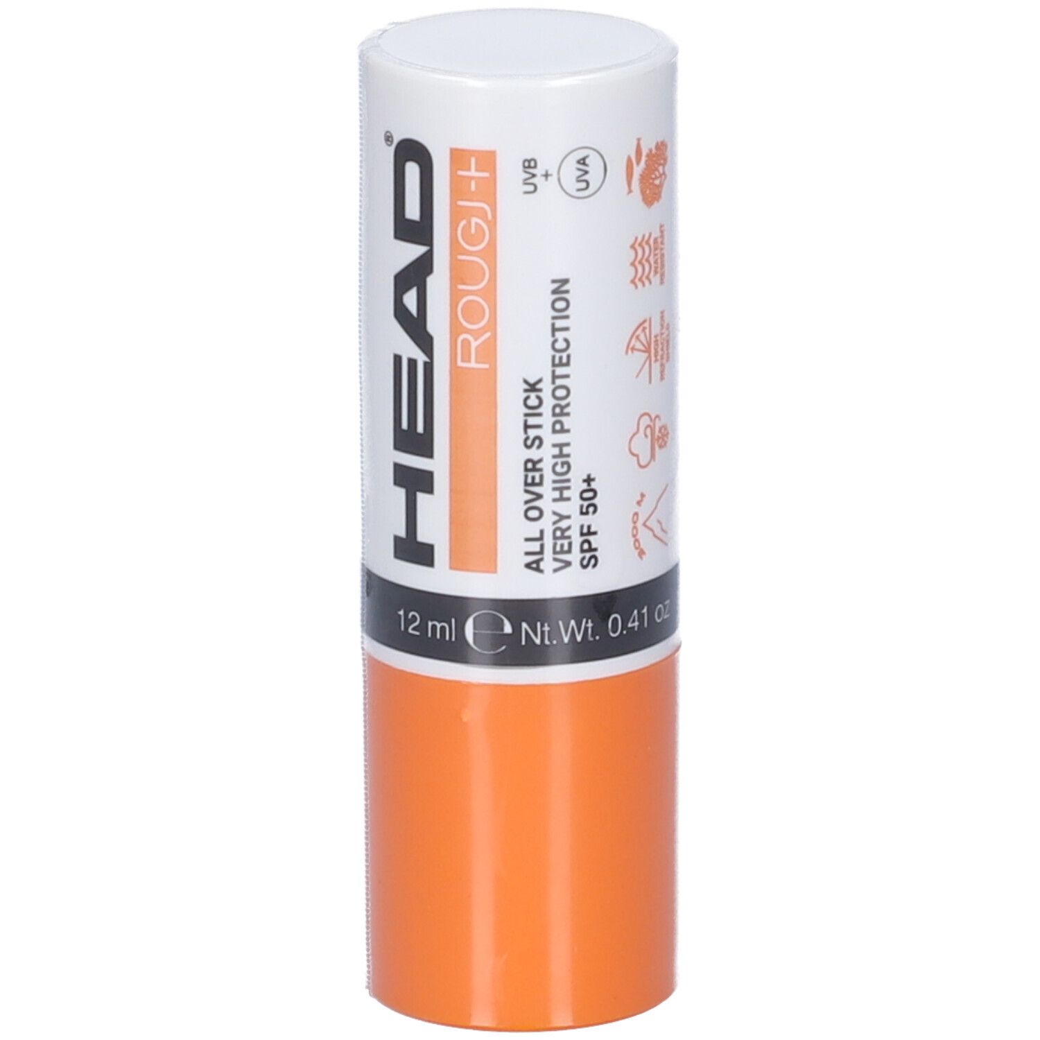 Stick cilindrico bianco e arancione. Scritta: HEAD Rougj+ SPF 50+. Contiene 0.41 oz.