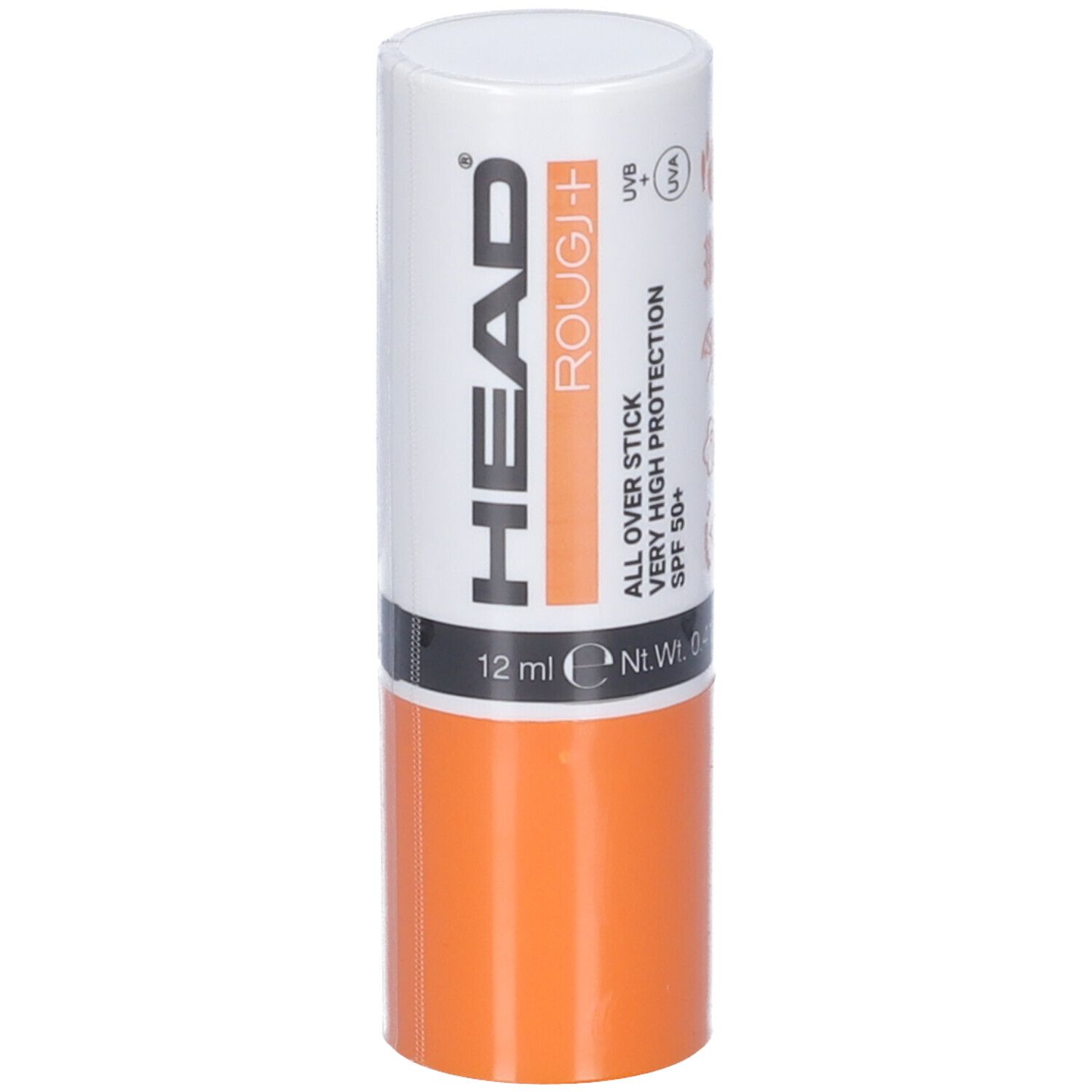 Stick cilindrico bianco e arancione. Scritta: HEAD Rougj+ SPF 50+. Contiene 12 ml.