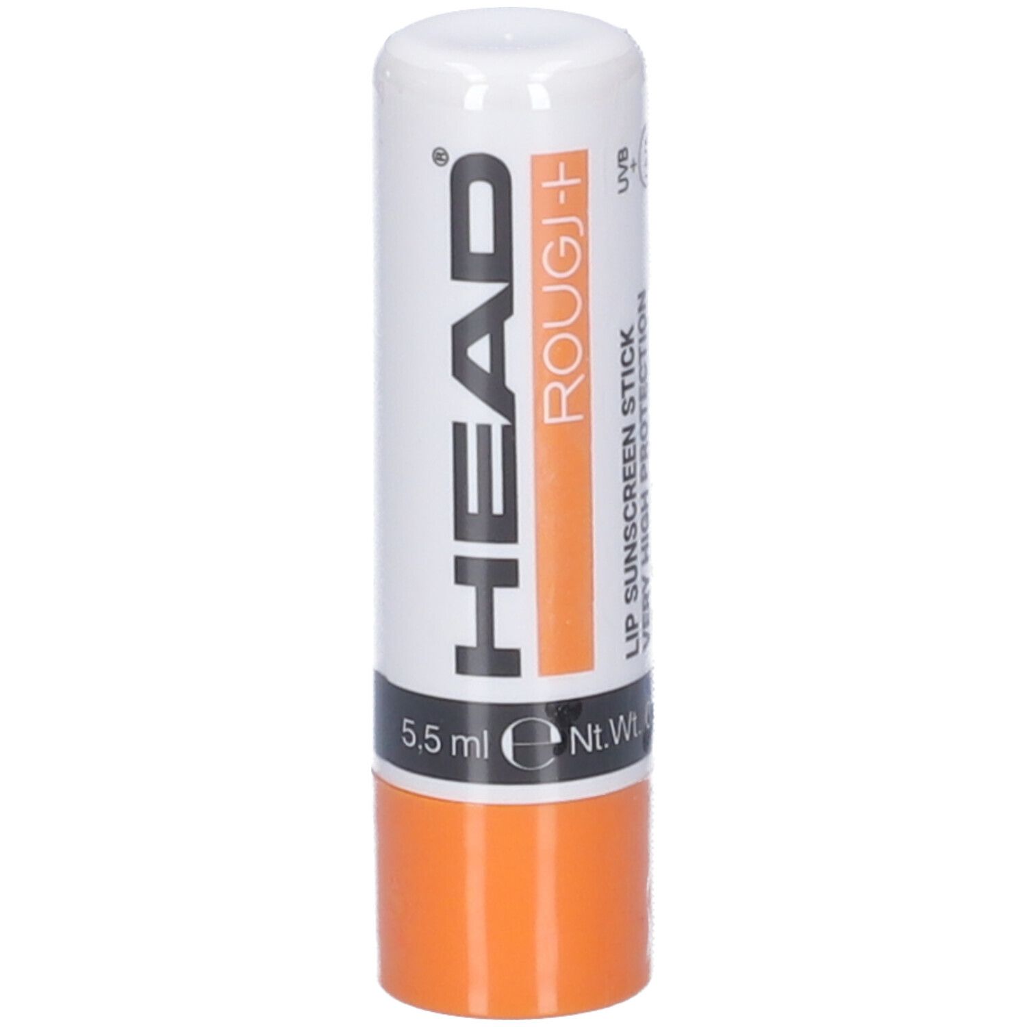 Stick labbra bianco e arancione con testo HEAD ROUGJ+. Contiene 5,5 ml.