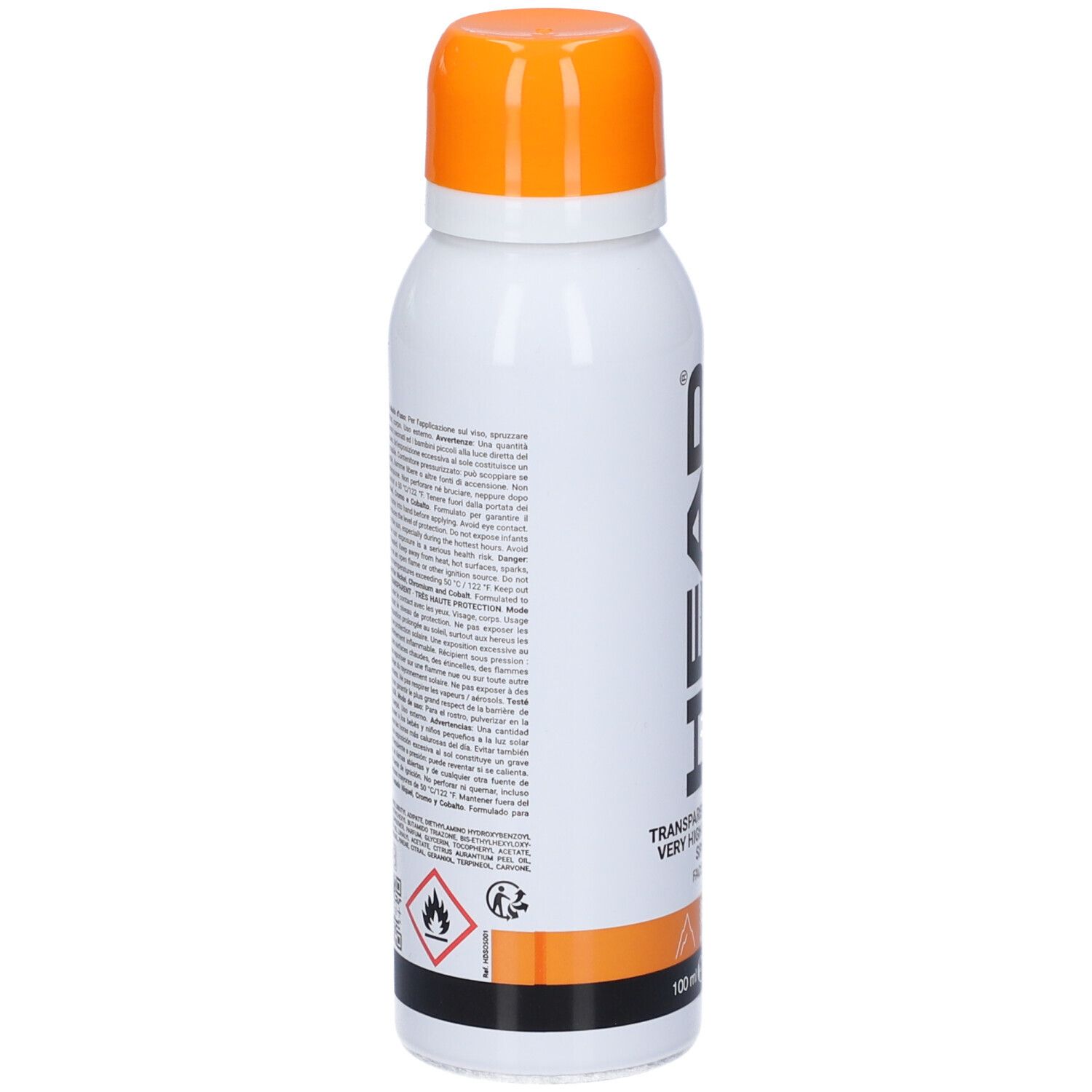 Rougj Head Spray Trasparente SPF 50+ spray solare, retro con istruzioni per l'uso.