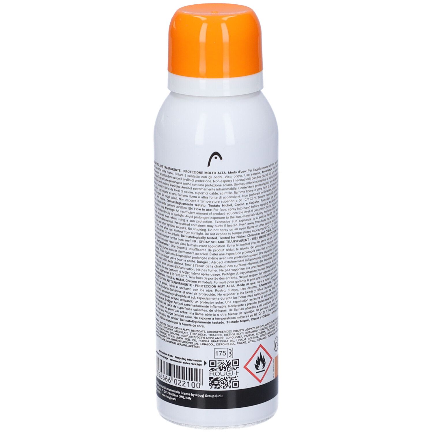 Rougj Head Spray Trasparente SPF 50+ spray solare, retro con informazioni sul prodotto.