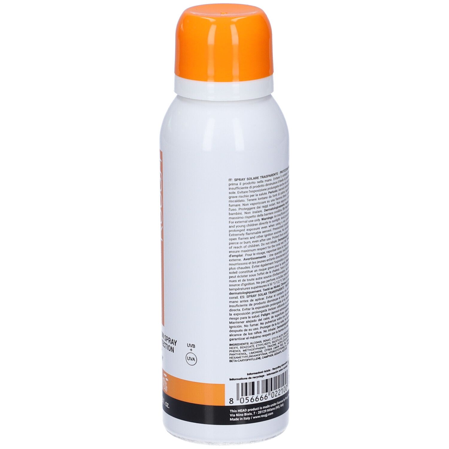 Rougj Head Spray Trasparente SPF 50+ spray solare, lato con informazioni prodotto e simboli.