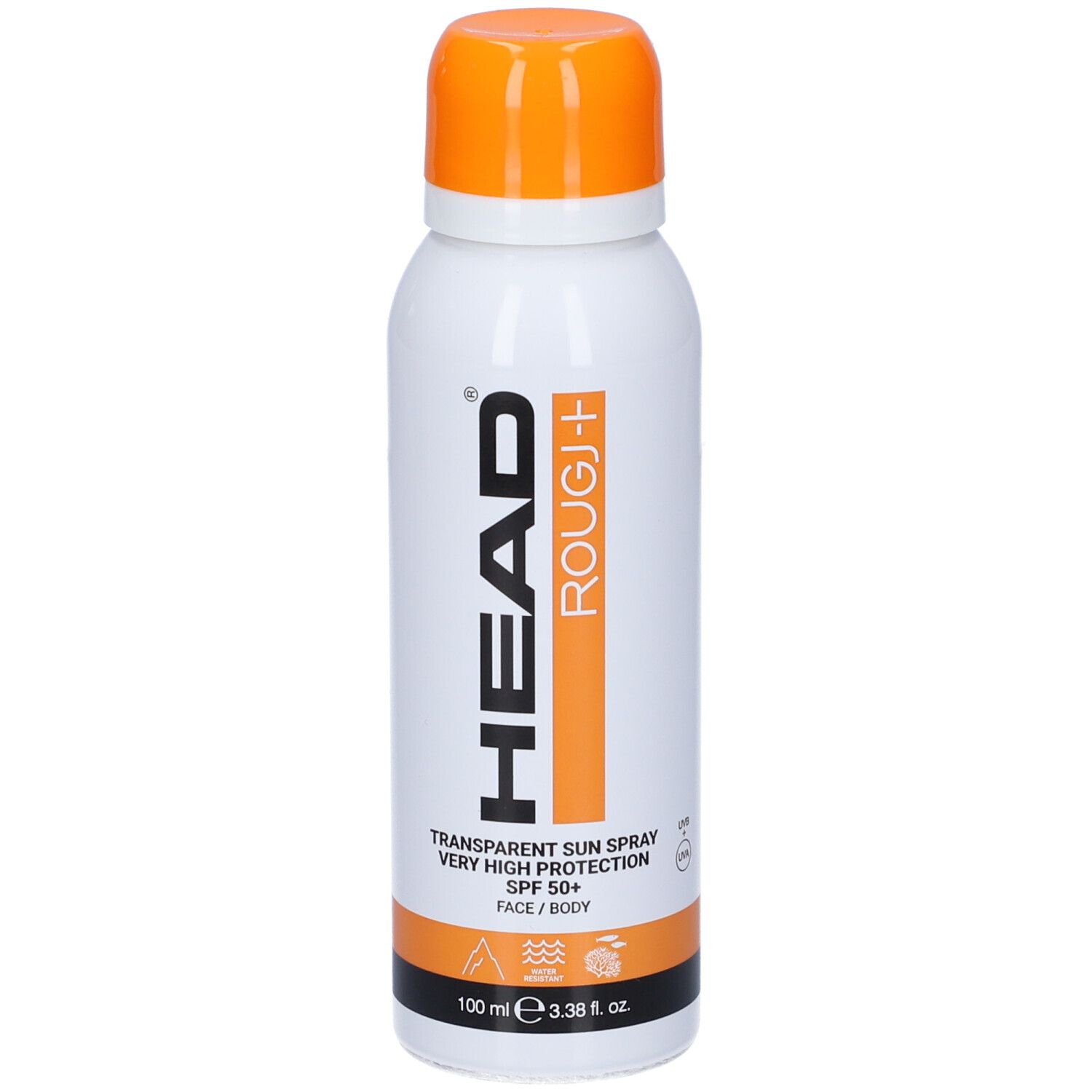 Rougj Head Spray Trasparente SPF 50+ spray solare, fronte con logo e nome del prodotto.