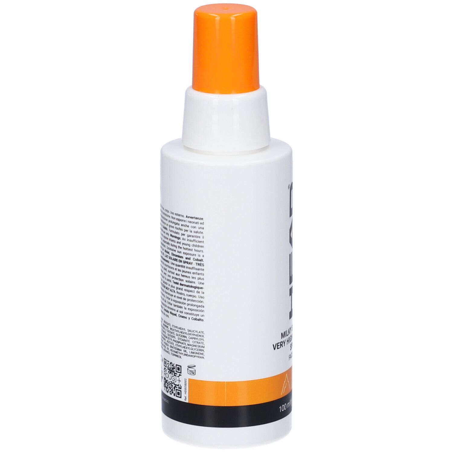 Retro di un flacone spray bianco con tappo arancione. Contiene istruzioni per l'uso e l'elenco degli ingredienti.