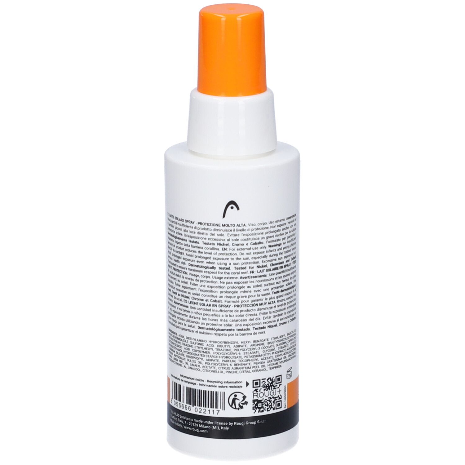 Retro di un flacone spray bianco con tappo arancione. Contiene informazioni sul prodotto e codice a barre.